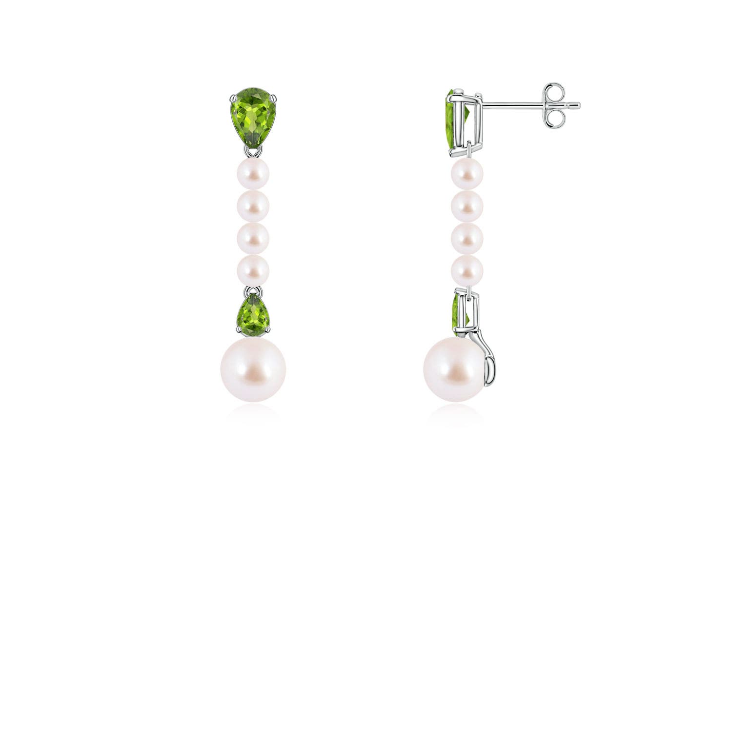 6mm AAA Akoya Pearl and Pear Peridot Long Dangle Earrings in White Gold