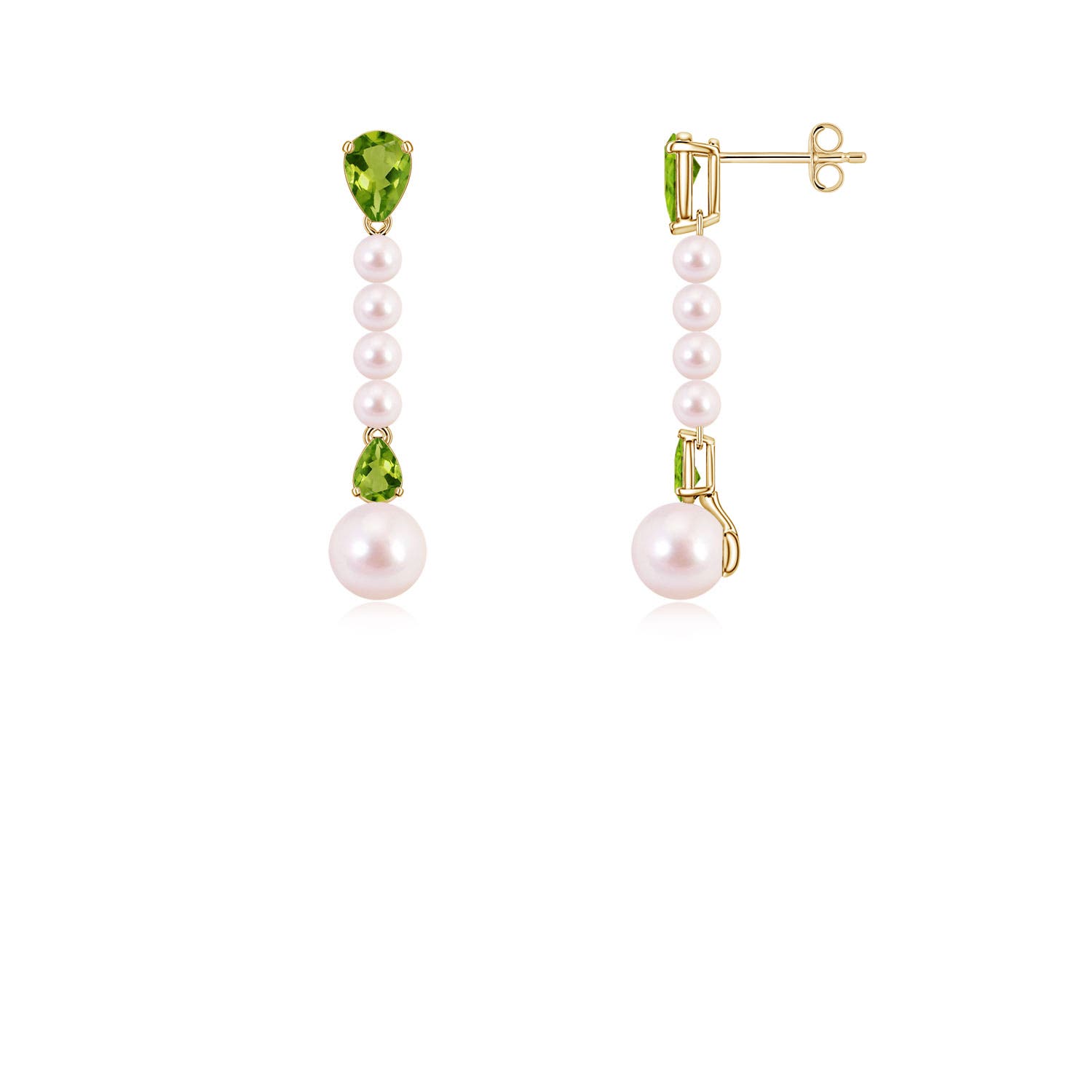 6mm AAAA Akoya Pearl and Pear Peridot Long Dangle Earrings in Yellow Gold