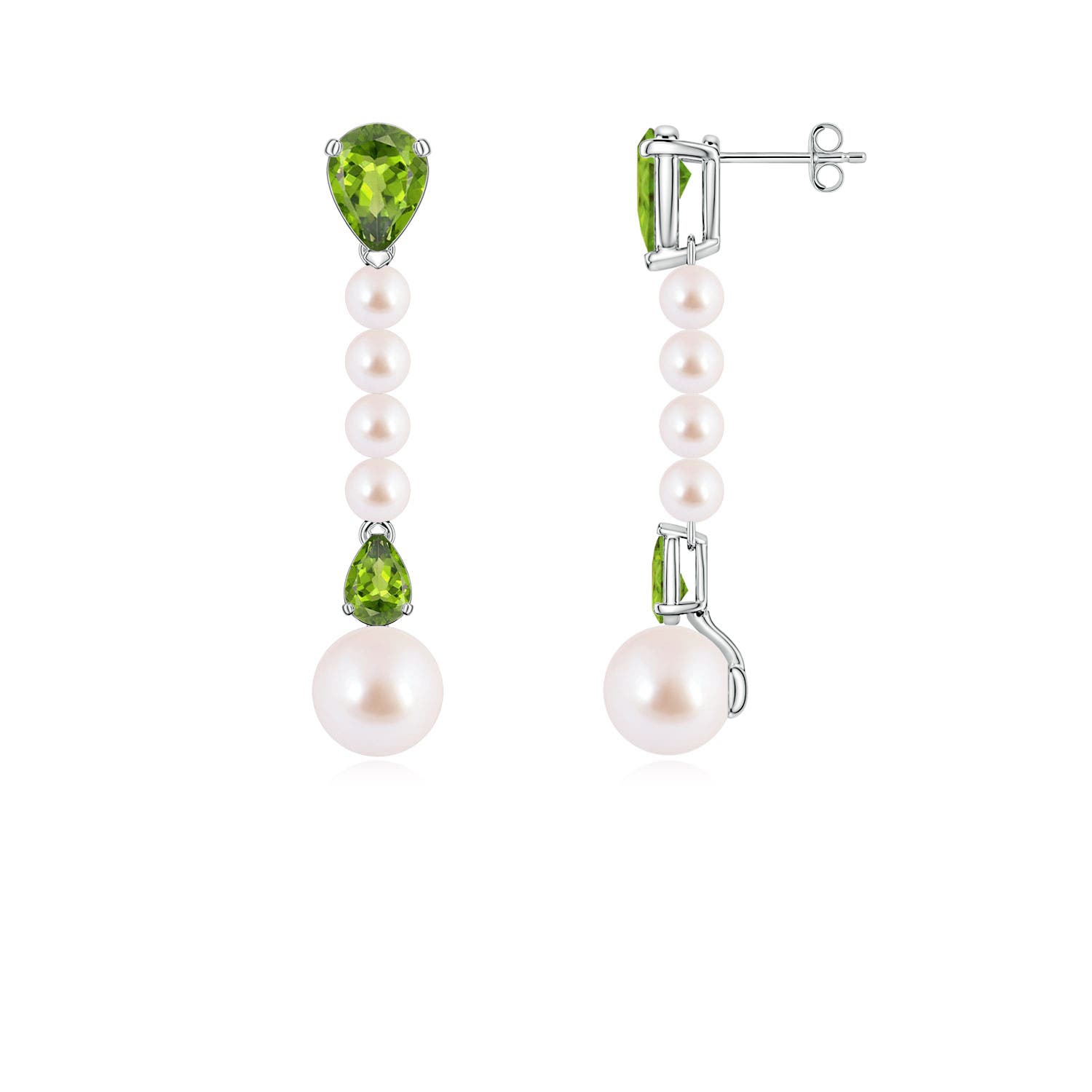 8mm AAA Akoya Pearl and Pear Peridot Long Dangle Earrings in White Gold