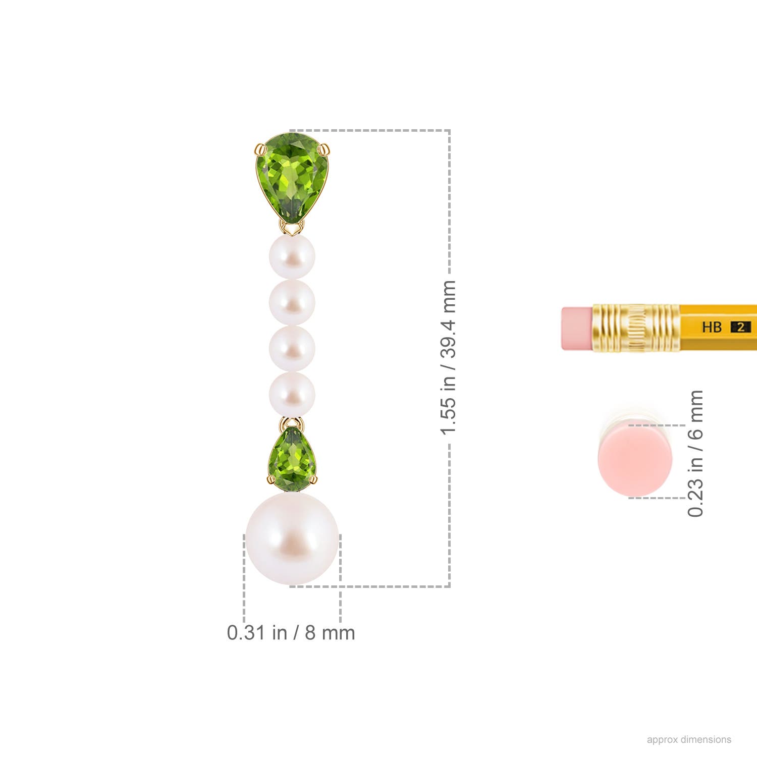 8mm AAA Akoya Pearl and Pear Peridot Long Dangle Earrings in Yellow Gold - ruler