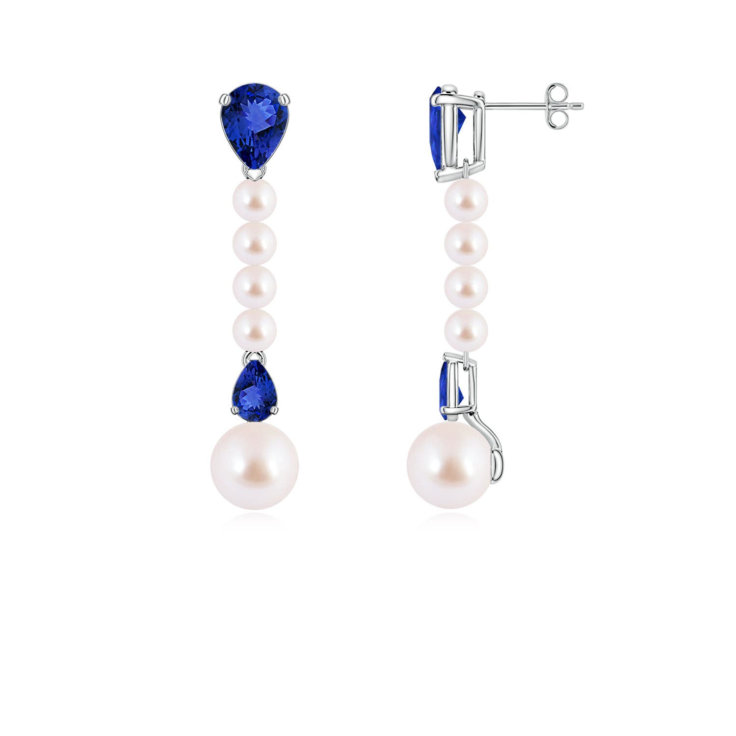 8mm AAA Akoya Pearl and Pear Tanzanite Long Dangle Earrings in White Gold