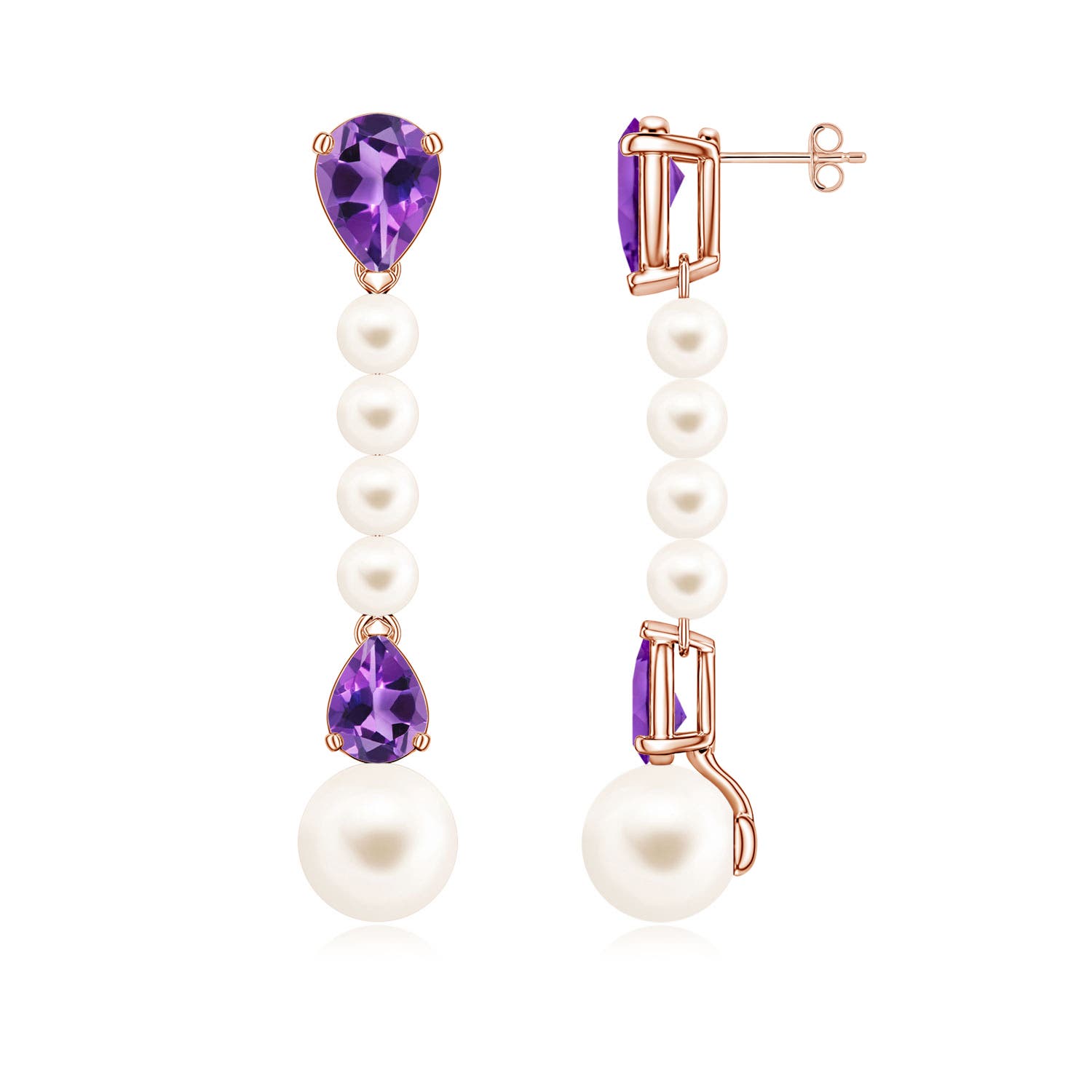 10mm AAA Freshwater Pearl and Pear Amethyst Long Dangle Earrings in 18CT Rose Gold