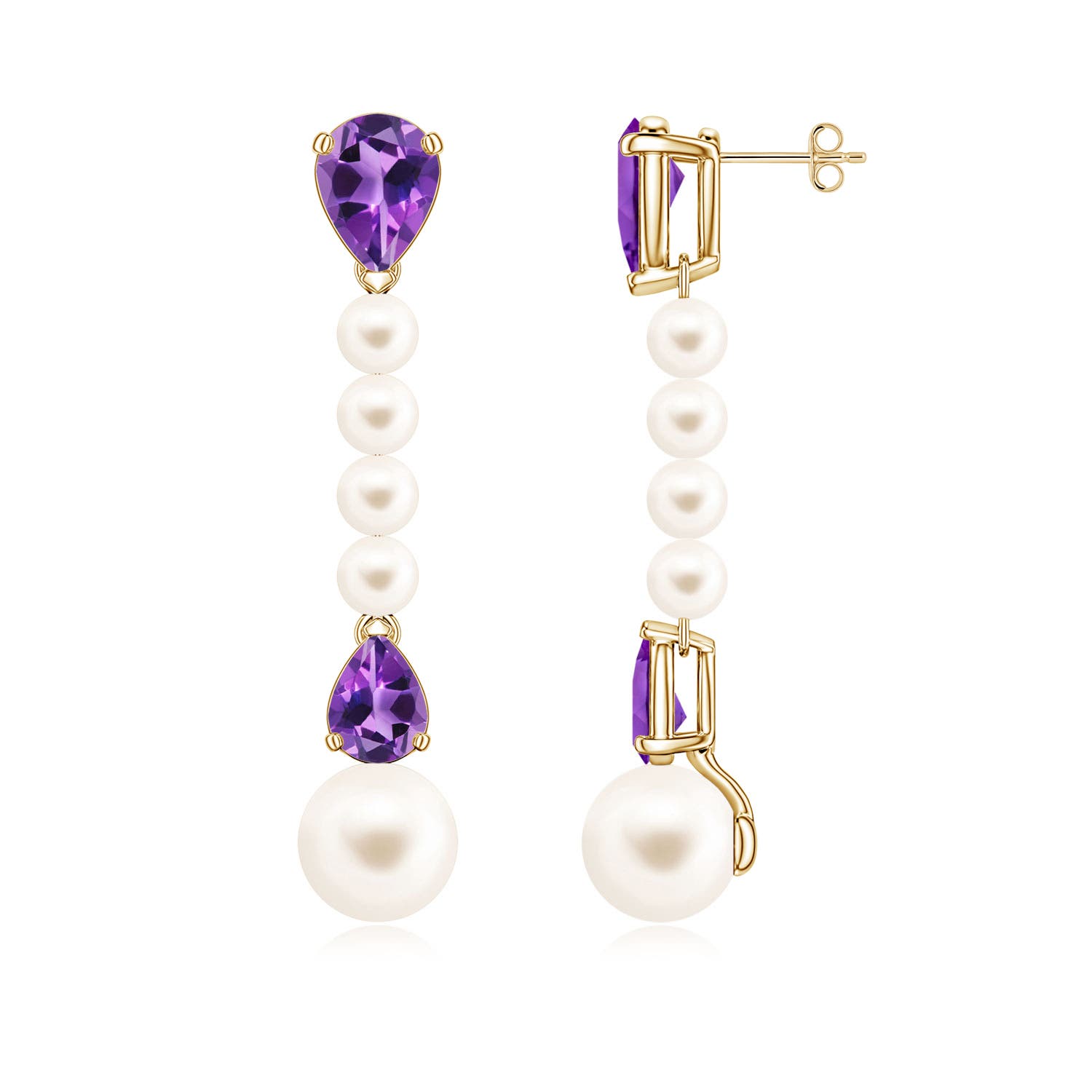 10mm AAA Freshwater Pearl and Pear Amethyst Long Dangle Earrings in Yellow Gold