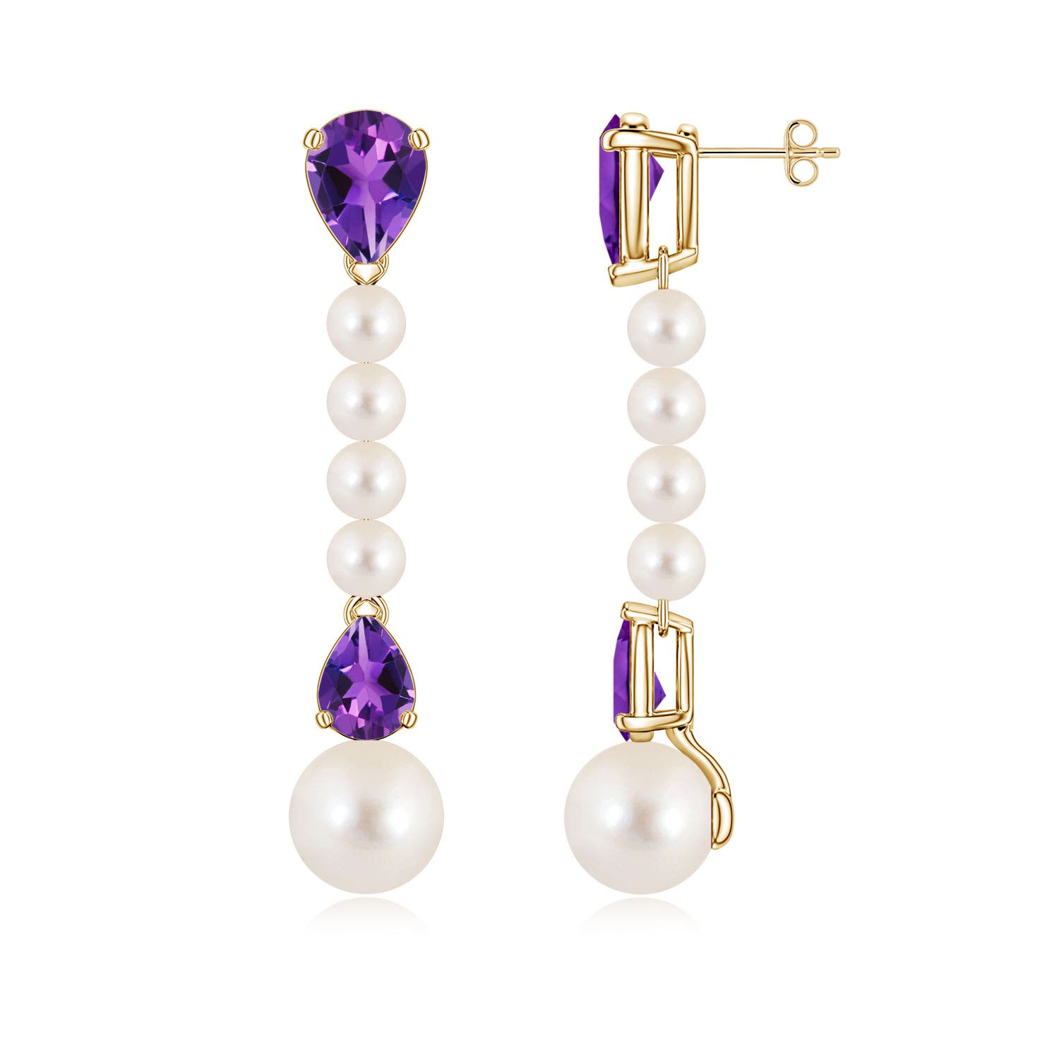 10mm AAAA Freshwater Pearl and Pear Amethyst Long Dangle Earrings in 18CT Yellow Gold