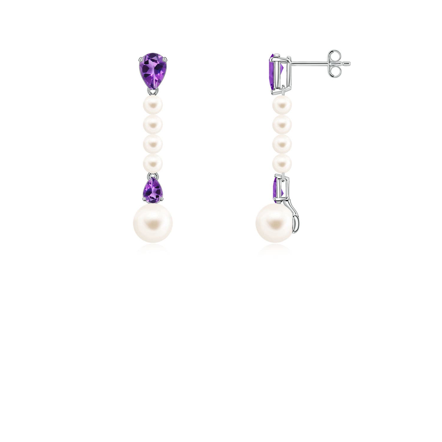 6mm AAA Freshwater Pearl and Pear Amethyst Long Dangle Earrings in White Gold
