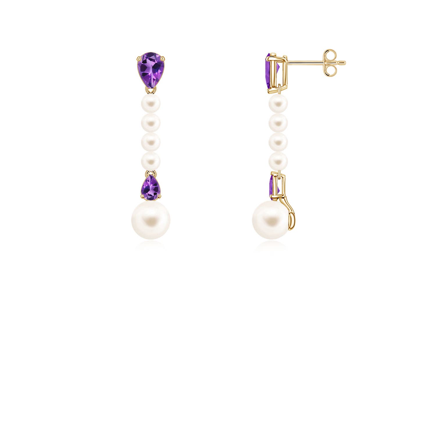6mm AAA Freshwater Pearl and Pear Amethyst Long Dangle Earrings in Yellow Gold