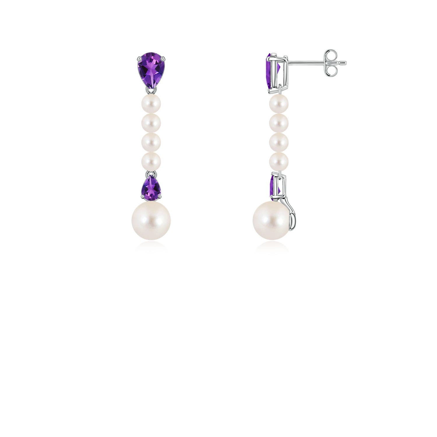 6mm AAAA Freshwater Pearl and Pear Amethyst Long Dangle Earrings in White Gold