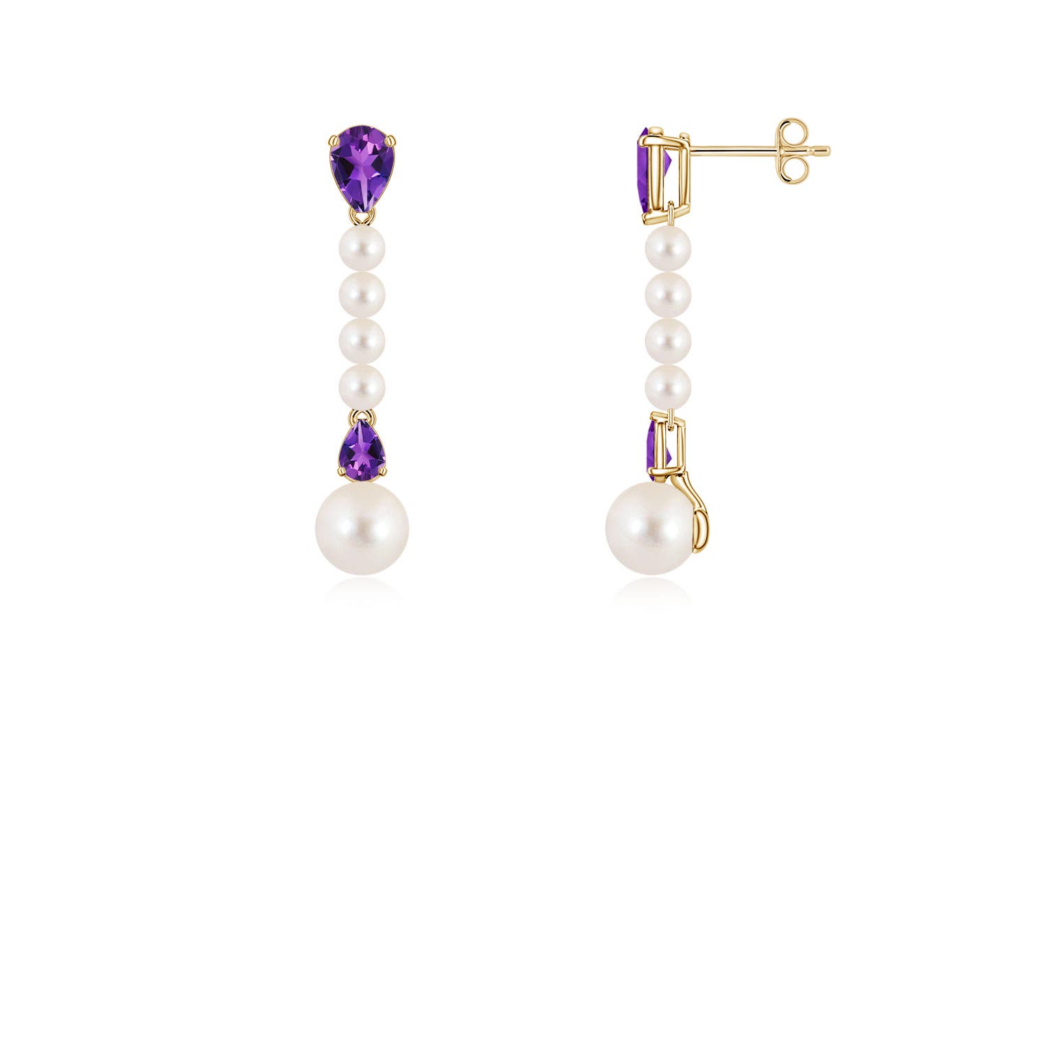 6mm AAAA Freshwater Pearl and Pear Amethyst Long Dangle Earrings in Yellow Gold