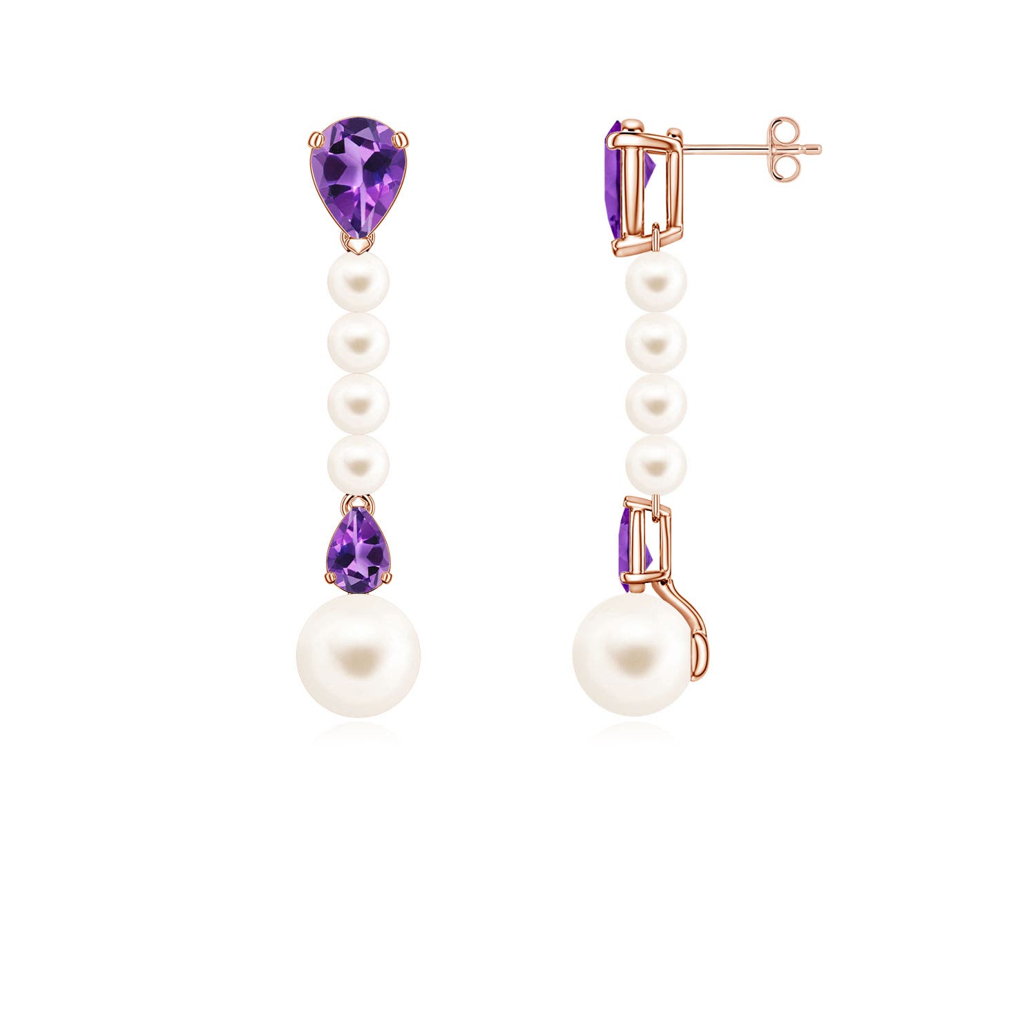 8mm AAA Freshwater Pearl and Pear Amethyst Long Dangle Earrings in Rose Gold