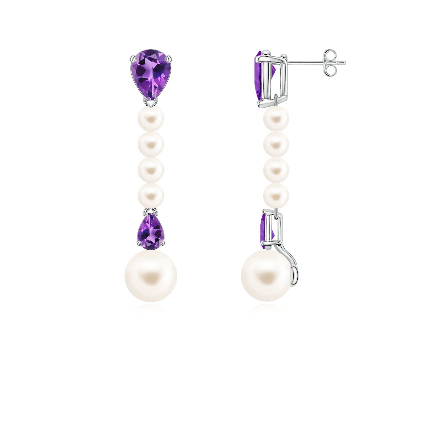 8mm AAA Freshwater Pearl and Pear Amethyst Long Dangle Earrings in White Gold