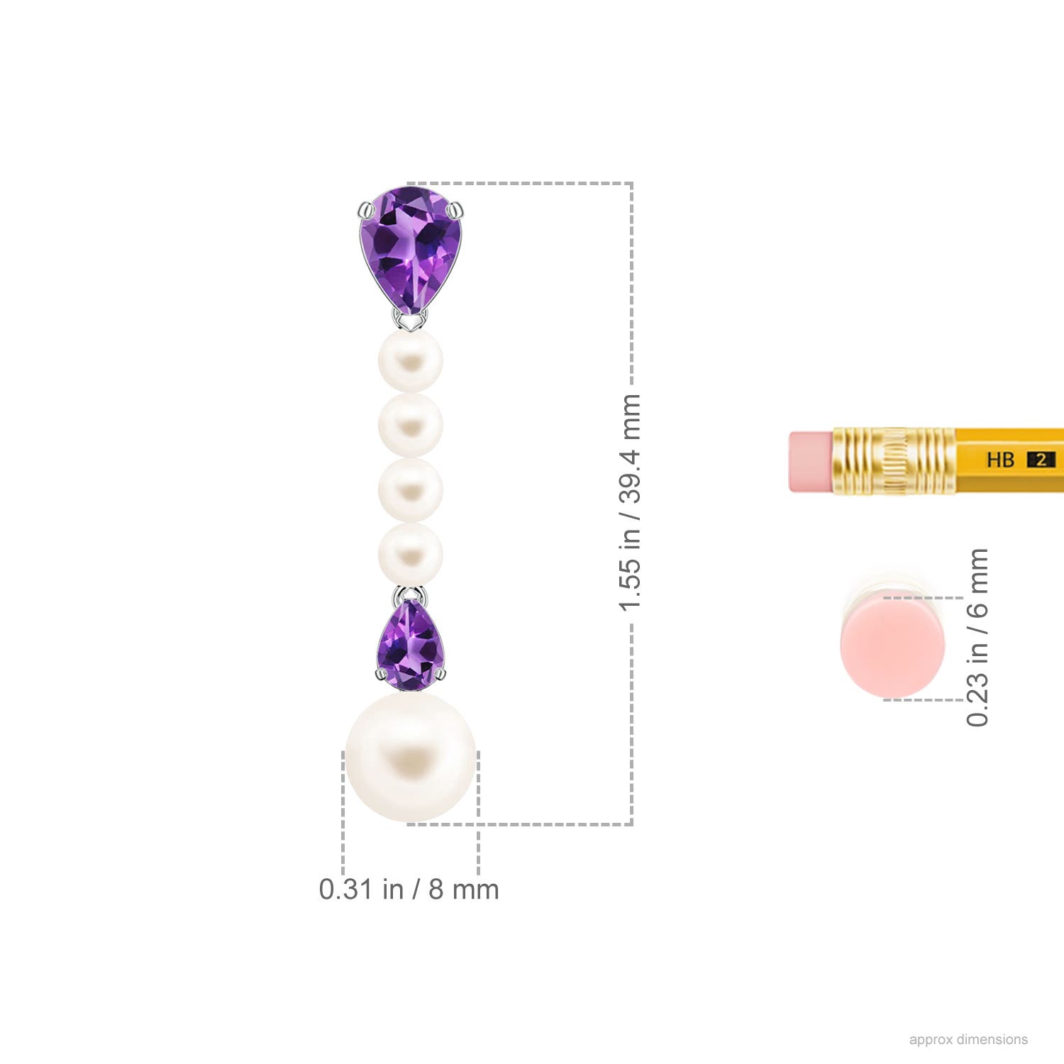 8mm AAA Freshwater Pearl and Pear Amethyst Long Dangle Earrings in White Gold - ruler