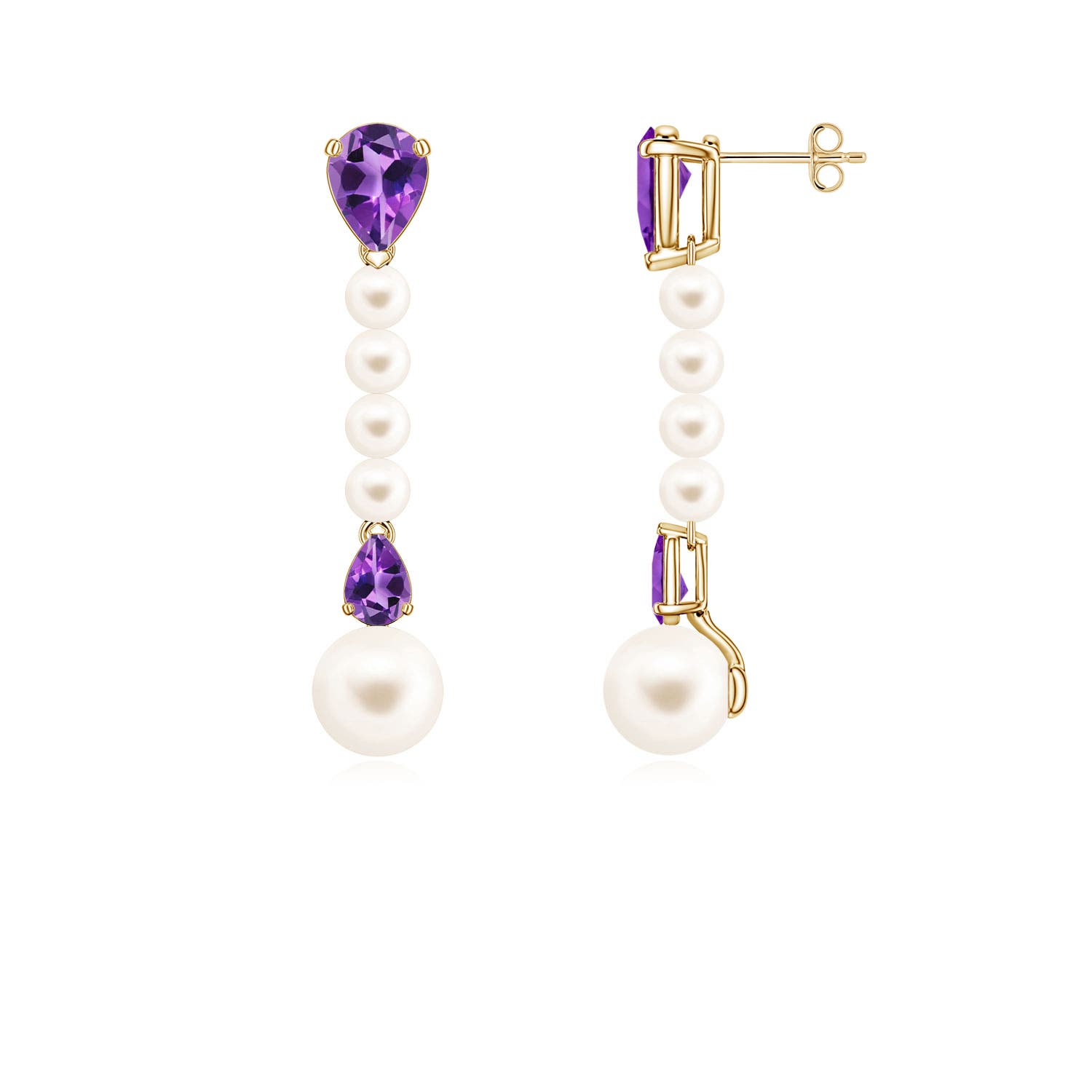 8mm AAA Freshwater Pearl and Pear Amethyst Long Dangle Earrings in Yellow Gold