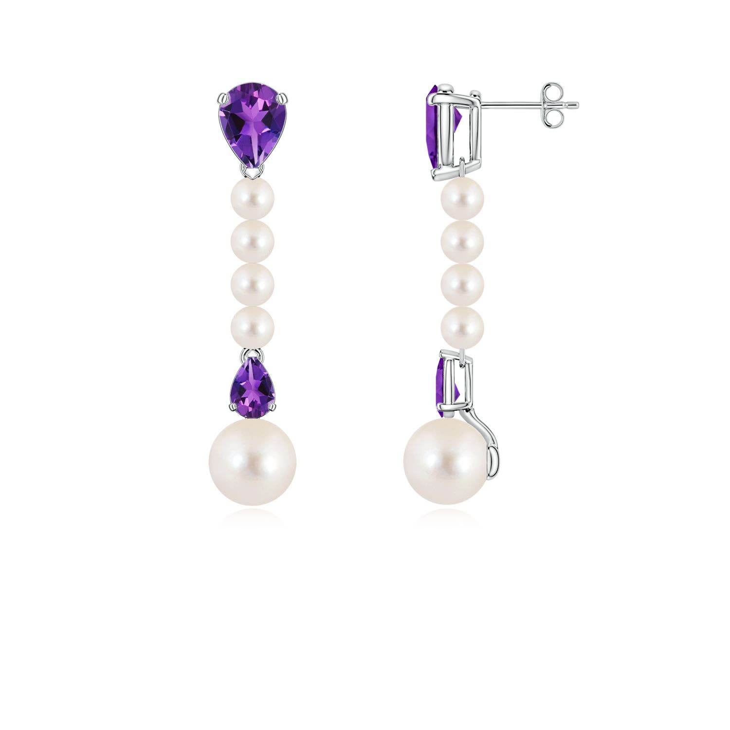 8mm AAAA Freshwater Pearl and Pear Amethyst Long Dangle Earrings in White Gold