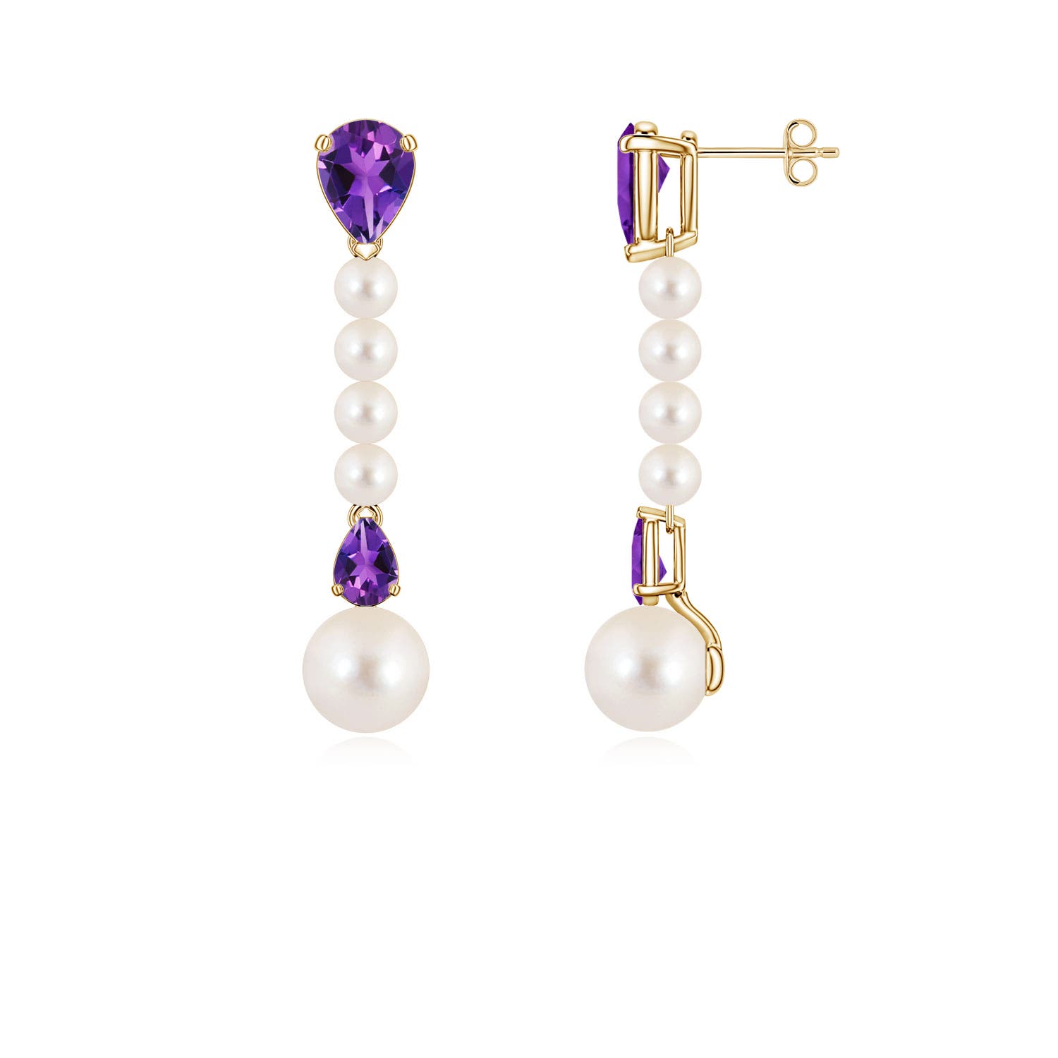 8mm AAAA Freshwater Pearl and Pear Amethyst Long Dangle Earrings in Yellow Gold