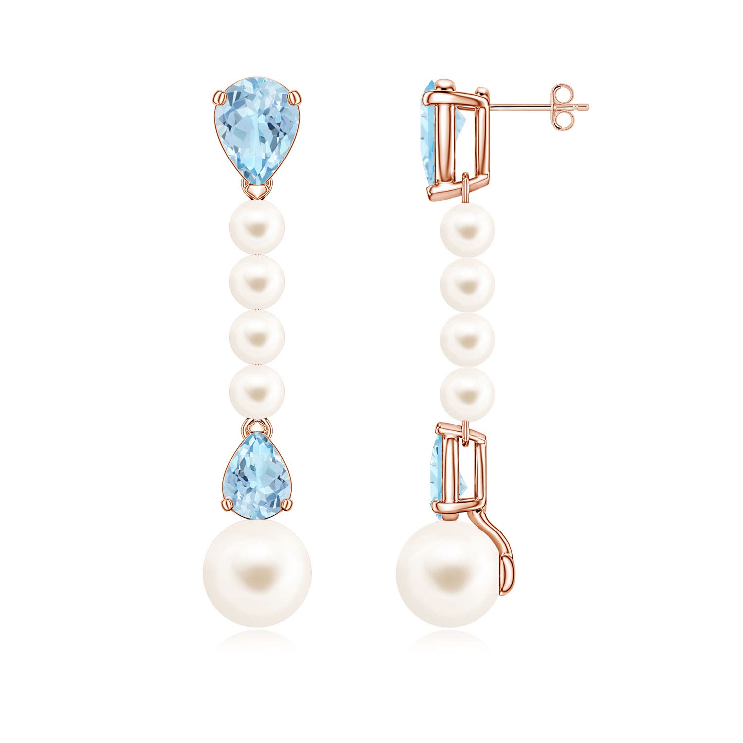 10mm AAA Freshwater Pearl and Pear Aquamarine Long Dangle Earrings in Rose Gold