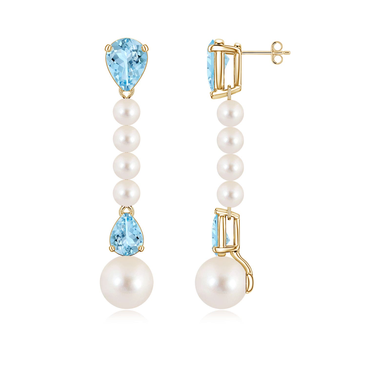 10mm AAAA Freshwater Pearl and Pear Aquamarine Long Dangle Earrings in Yellow Gold