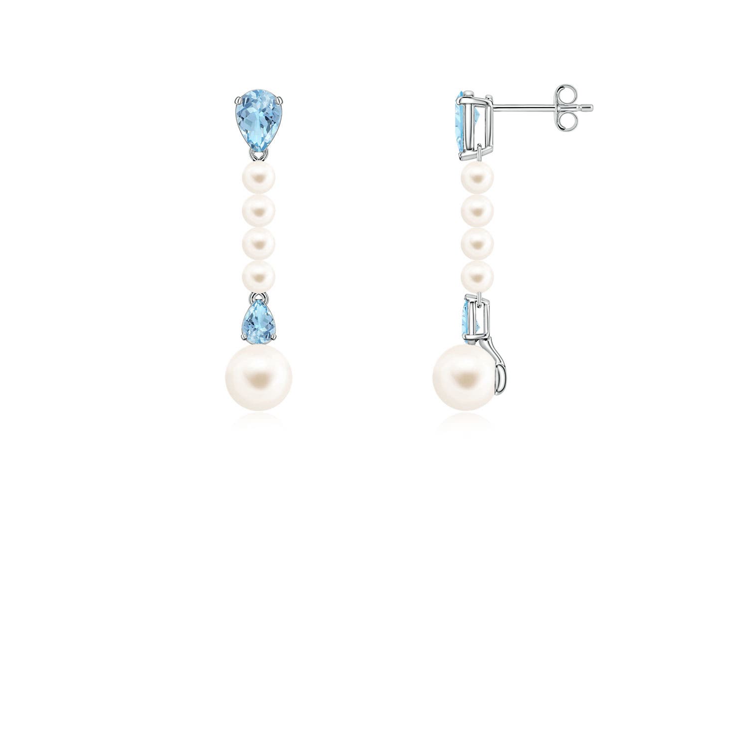 6mm AAA Freshwater Pearl and Pear Aquamarine Long Dangle Earrings in 18CT White Gold