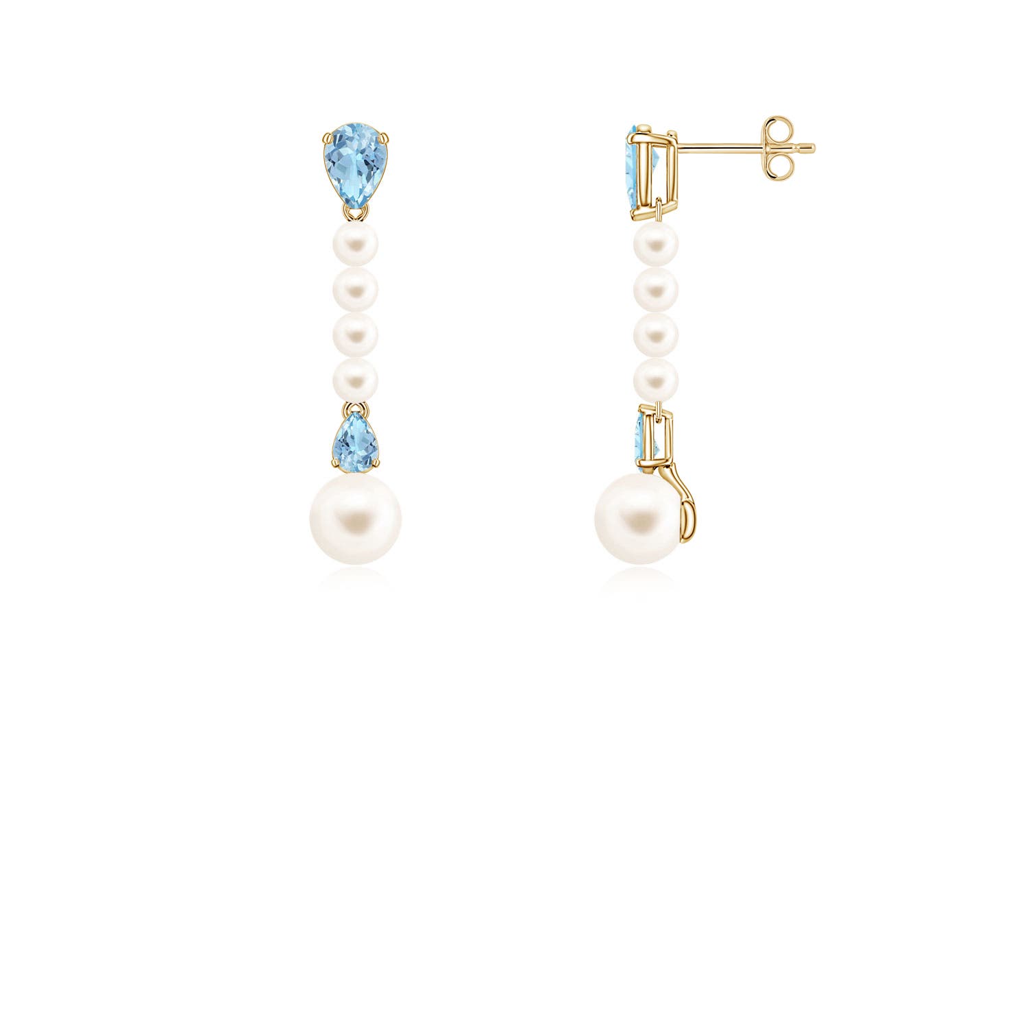 6mm AAA Freshwater Pearl and Pear Aquamarine Long Dangle Earrings in Yellow Gold