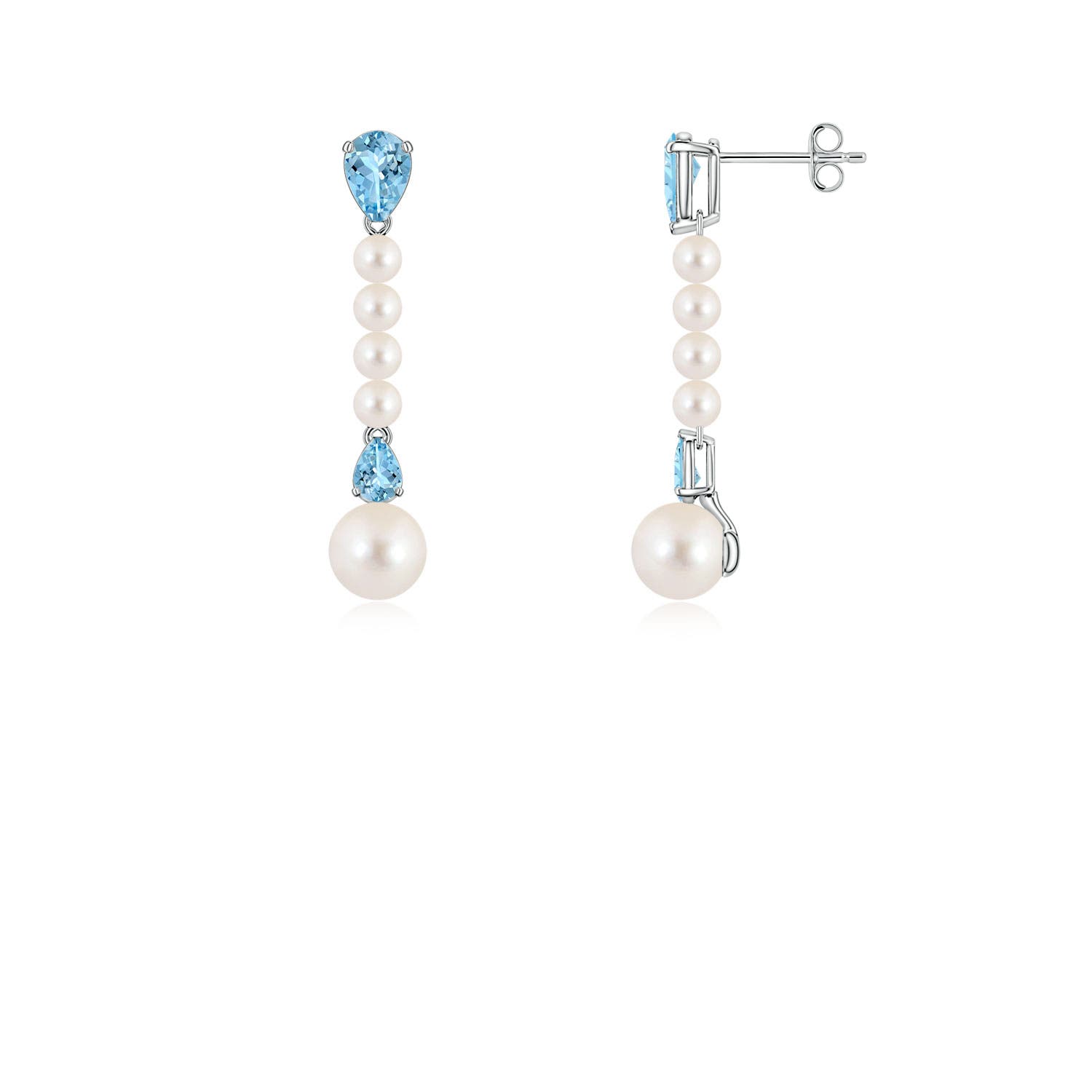 6mm AAAA Freshwater Pearl and Pear Aquamarine Long Dangle Earrings in White Gold