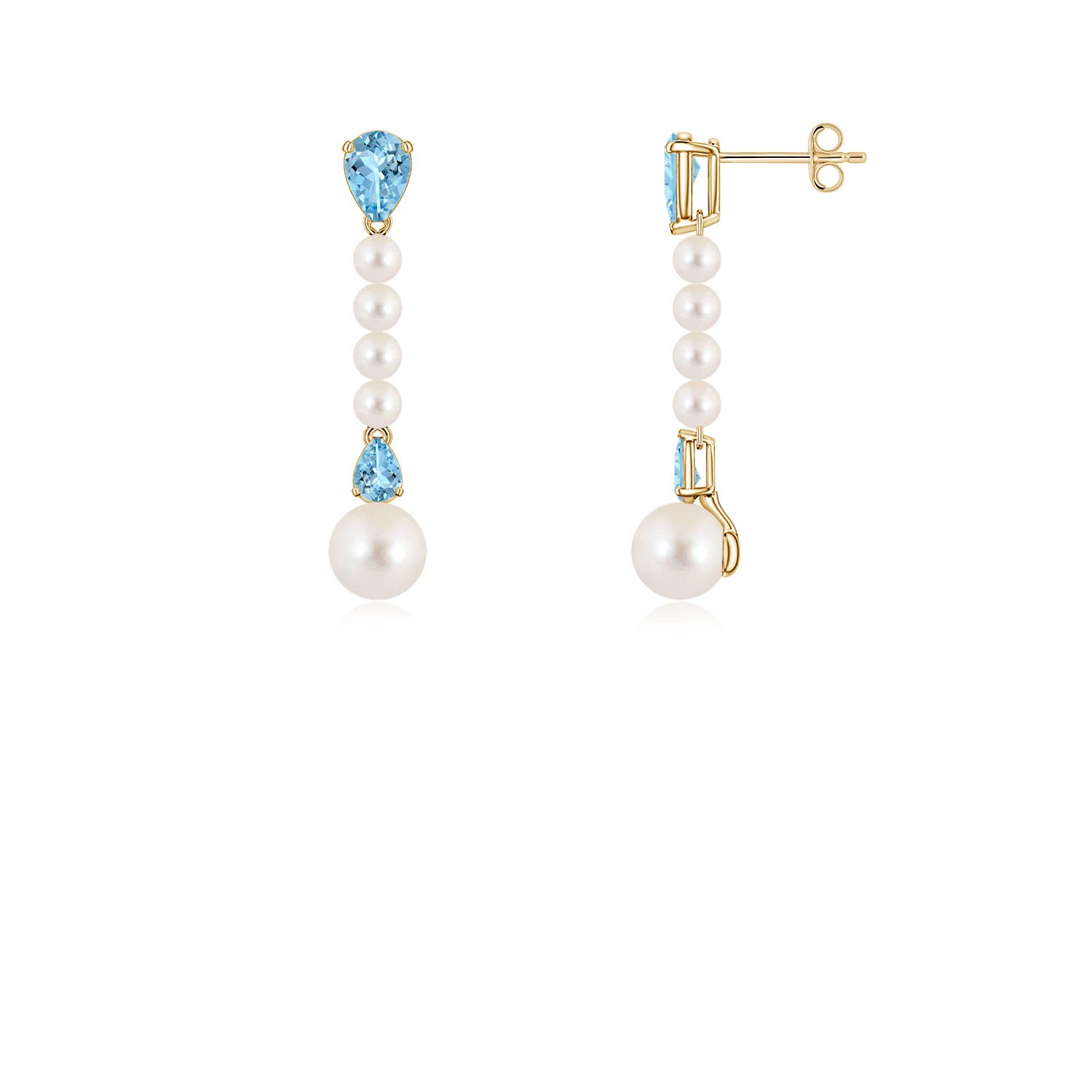6mm AAAA Freshwater Pearl and Pear Aquamarine Long Dangle Earrings in Yellow Gold