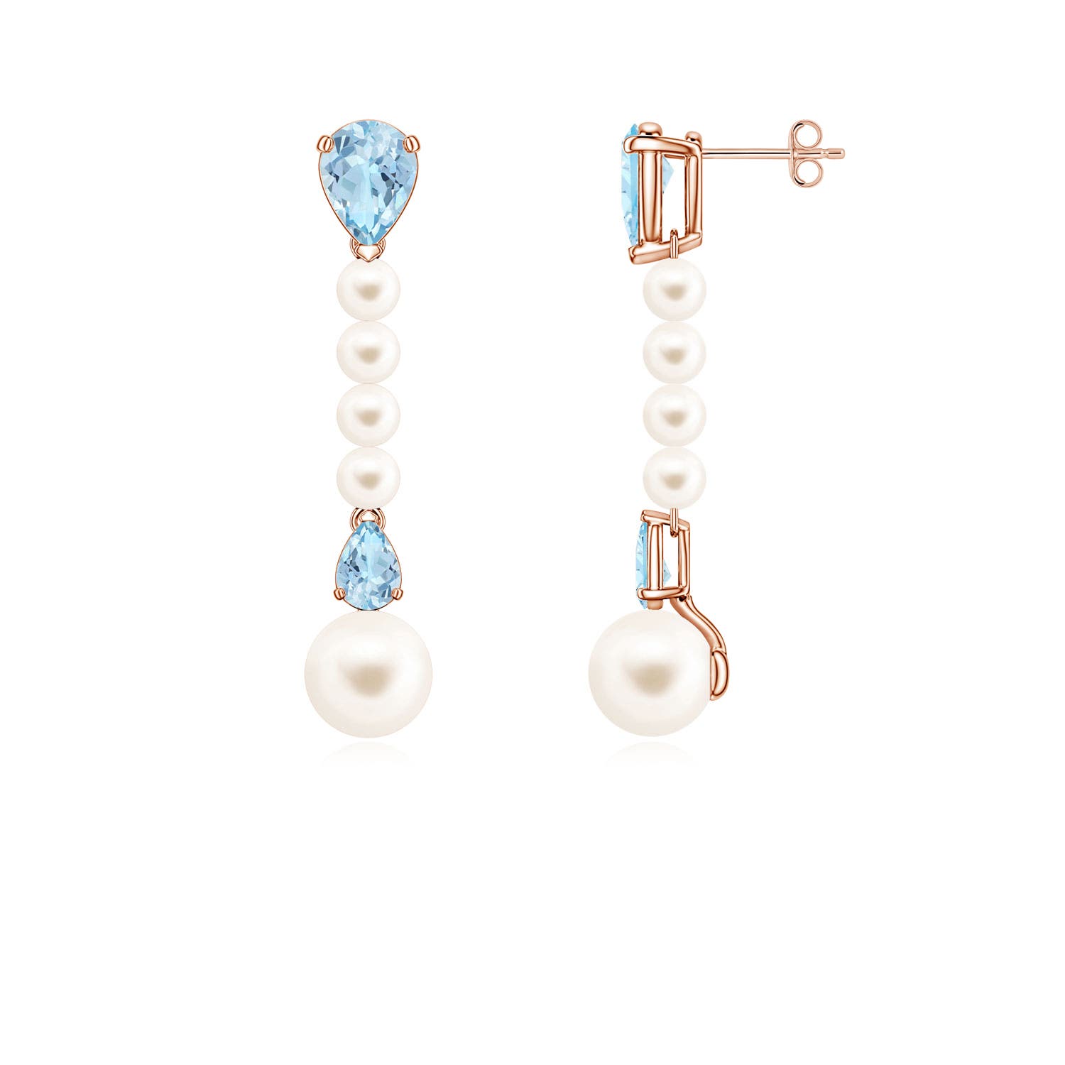 8mm AAA Freshwater Pearl and Pear Aquamarine Long Dangle Earrings in Rose Gold