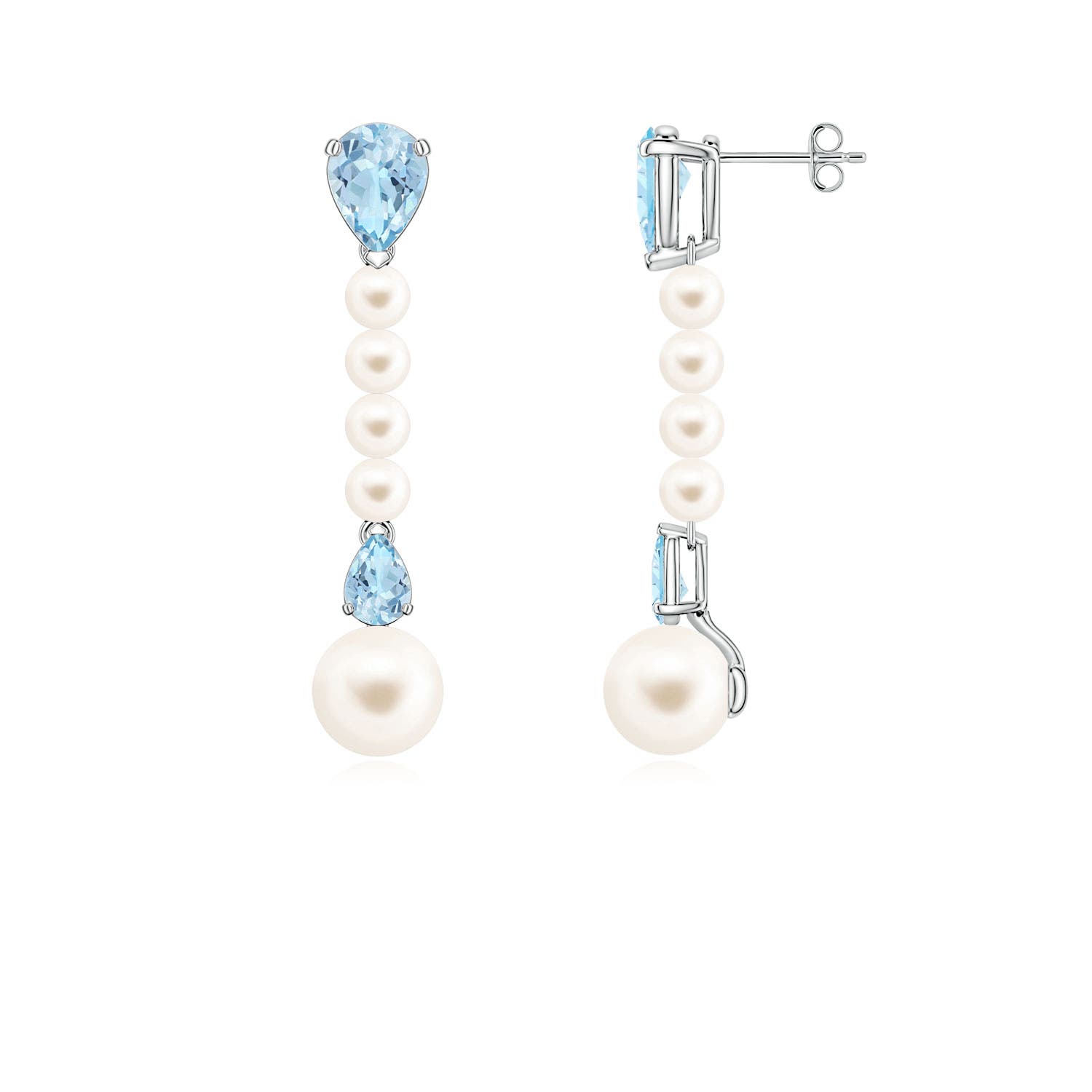 8mm AAA Freshwater Pearl and Pear Aquamarine Long Dangle Earrings in White Gold