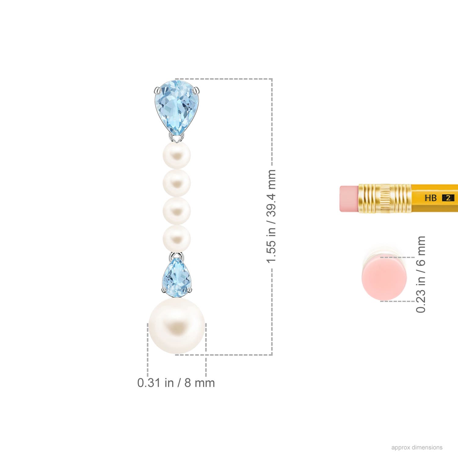 8mm AAA Freshwater Pearl and Pear Aquamarine Long Dangle Earrings in White Gold - ruler