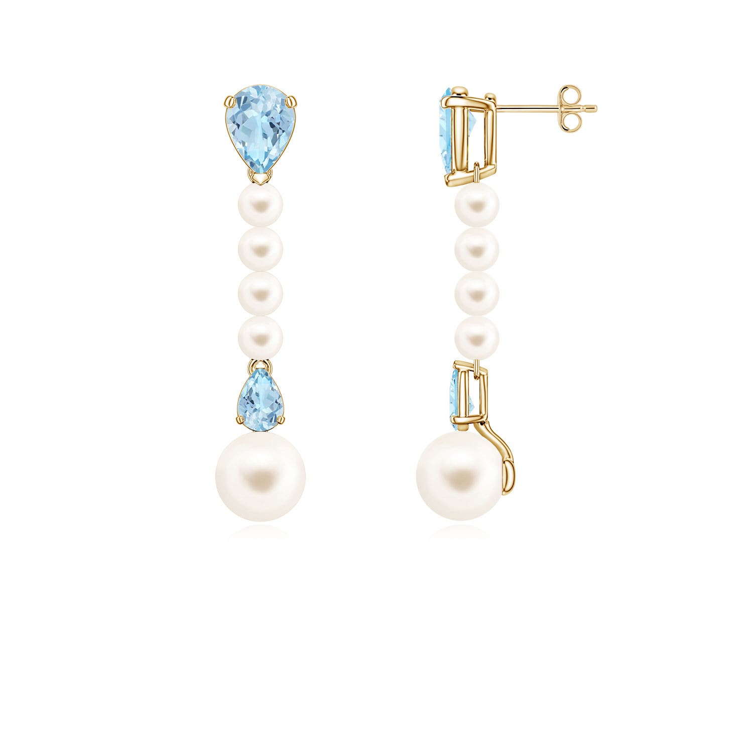 8mm AAA Freshwater Pearl and Pear Aquamarine Long Dangle Earrings in Yellow Gold