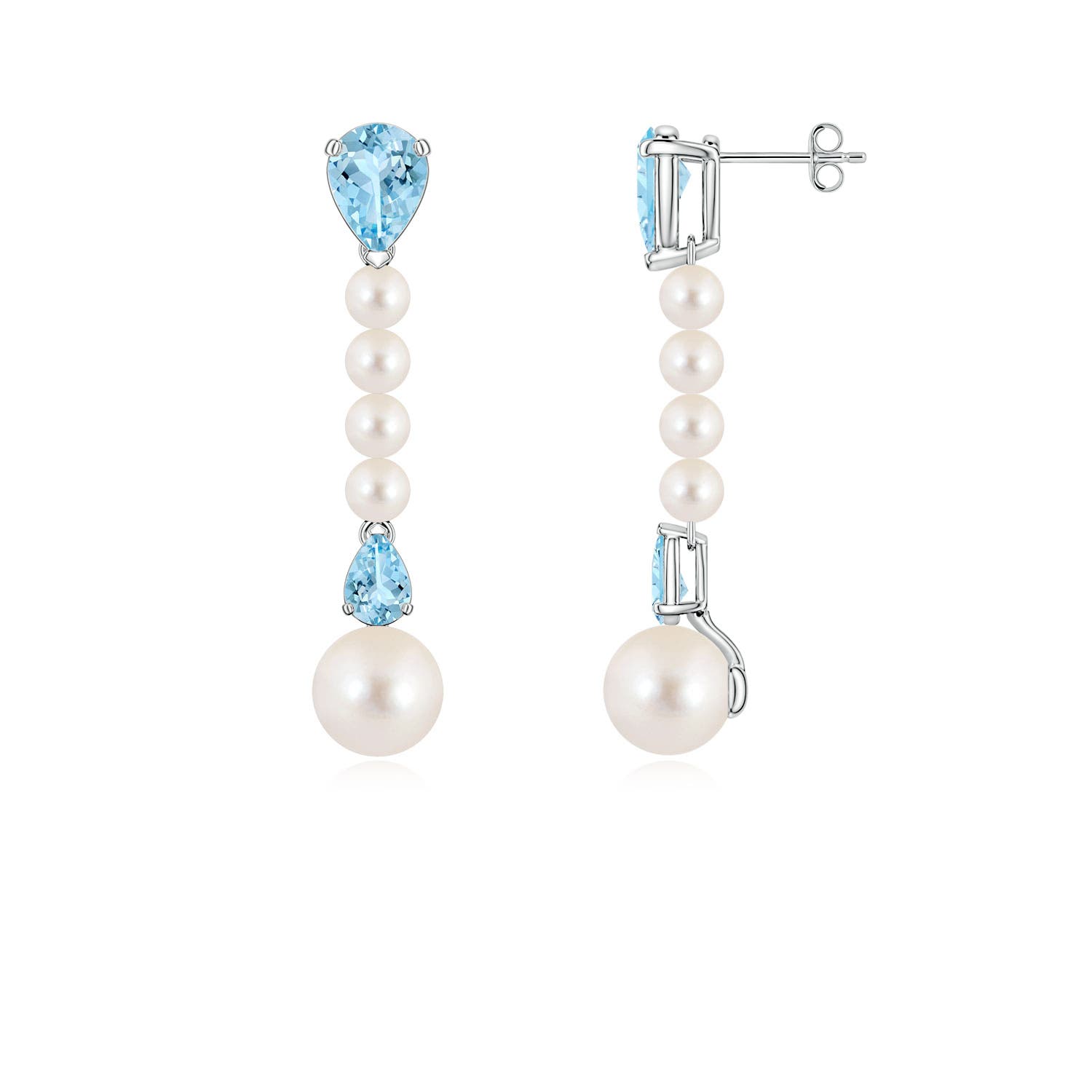 8mm AAAA Freshwater Pearl and Pear Aquamarine Long Dangle Earrings in White Gold