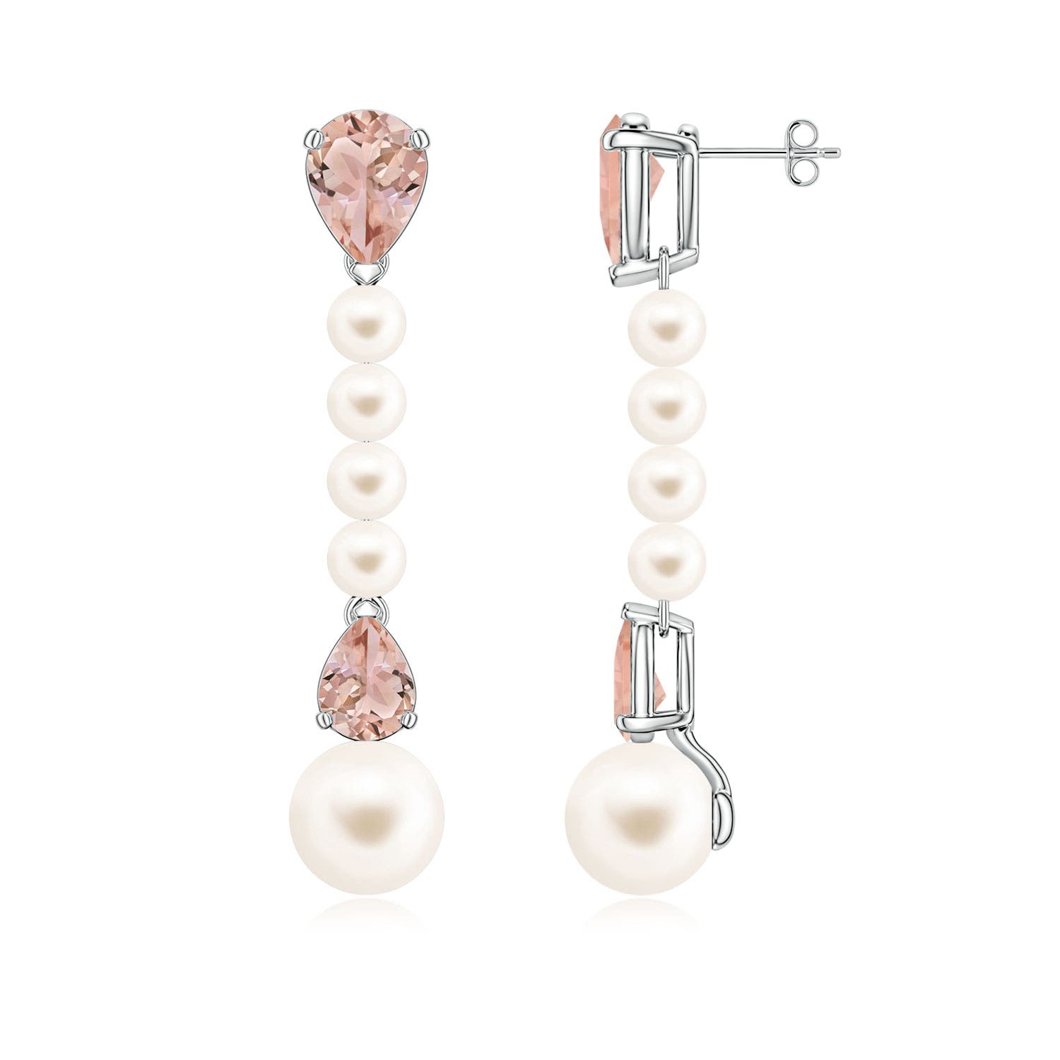 10mm AAA Freshwater Pearl and Pear Morganite Long Dangle Earrings in White Gold