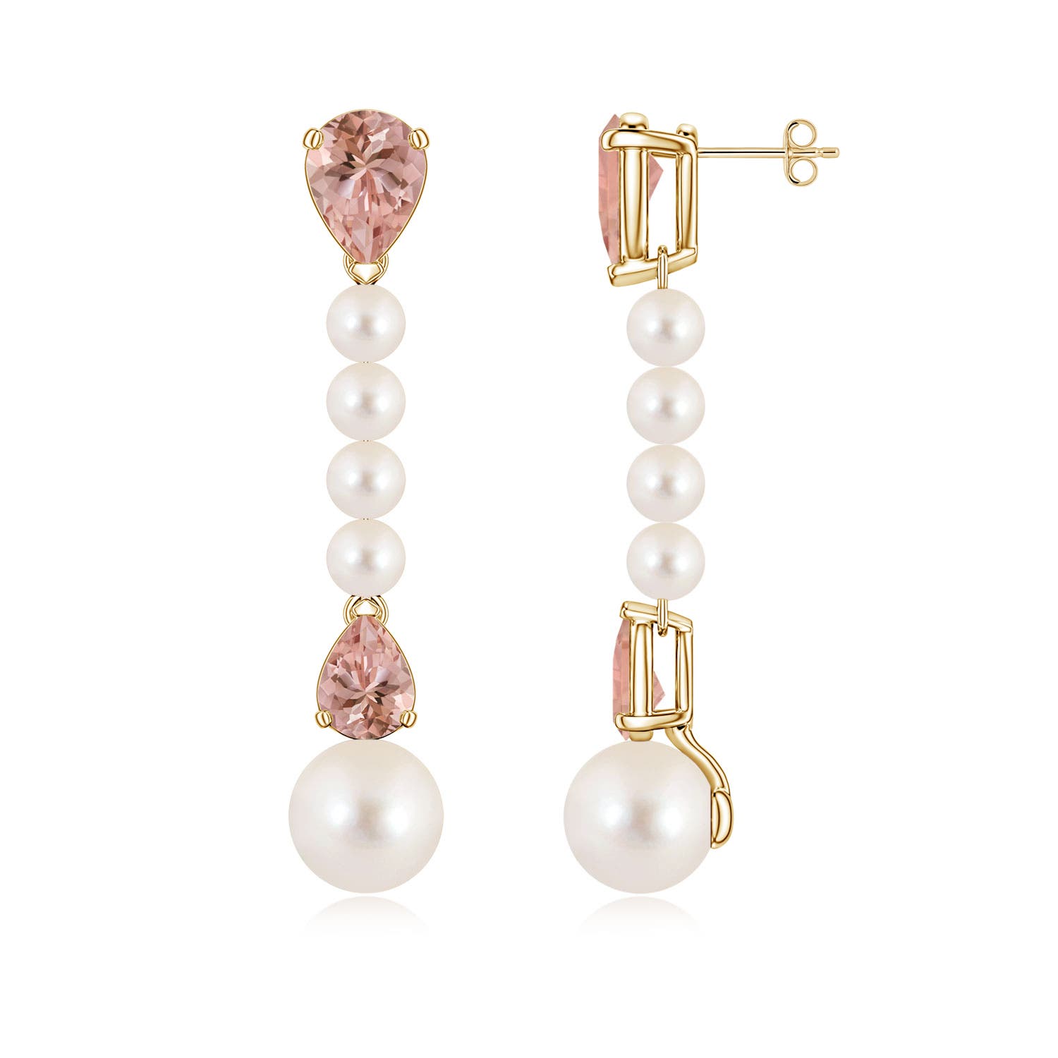 10mm AAAA Freshwater Pearl and Pear Morganite Long Dangle Earrings in Yellow Gold