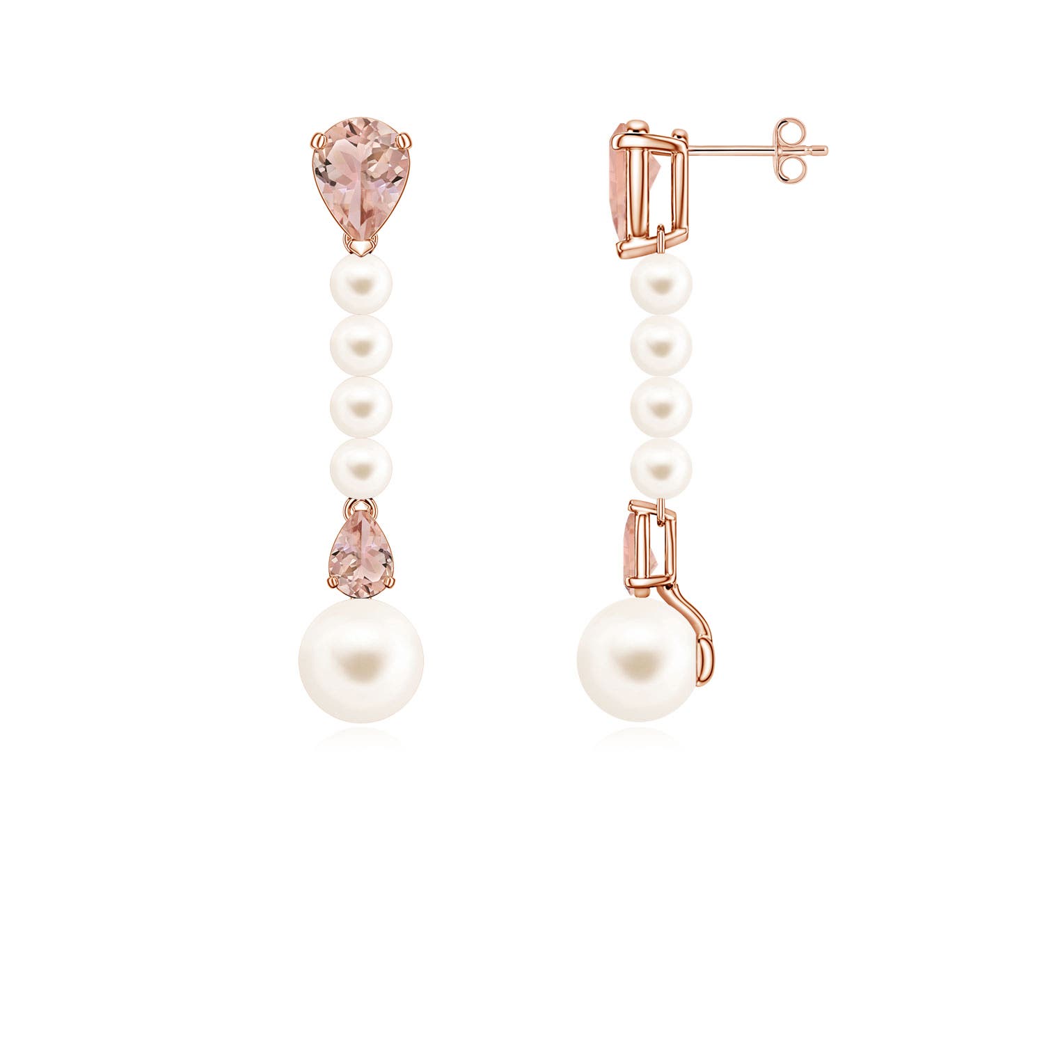 8mm AAA Freshwater Pearl and Pear Morganite Long Dangle Earrings in Rose Gold