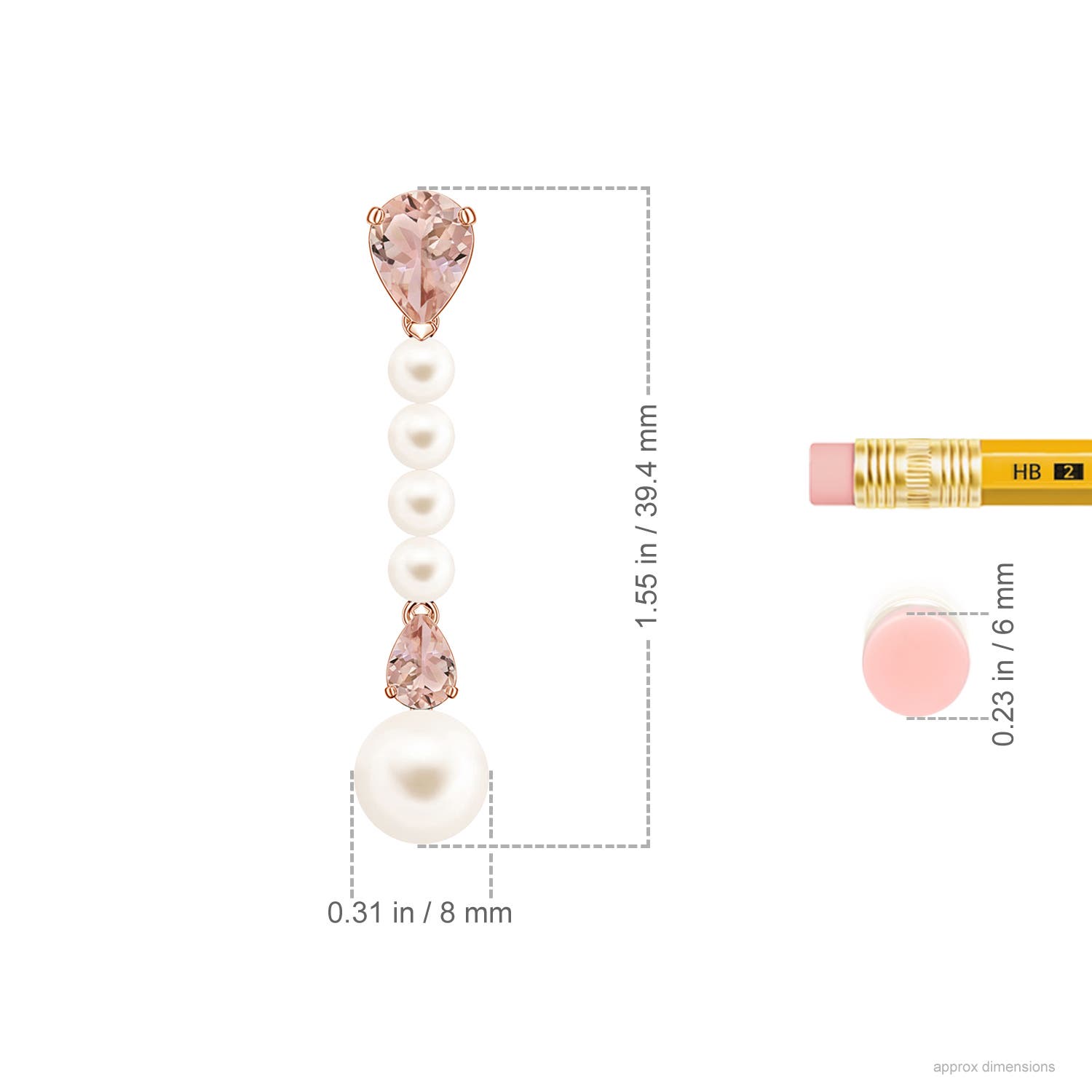 8mm AAA Freshwater Pearl and Pear Morganite Long Dangle Earrings in Rose Gold - ruler