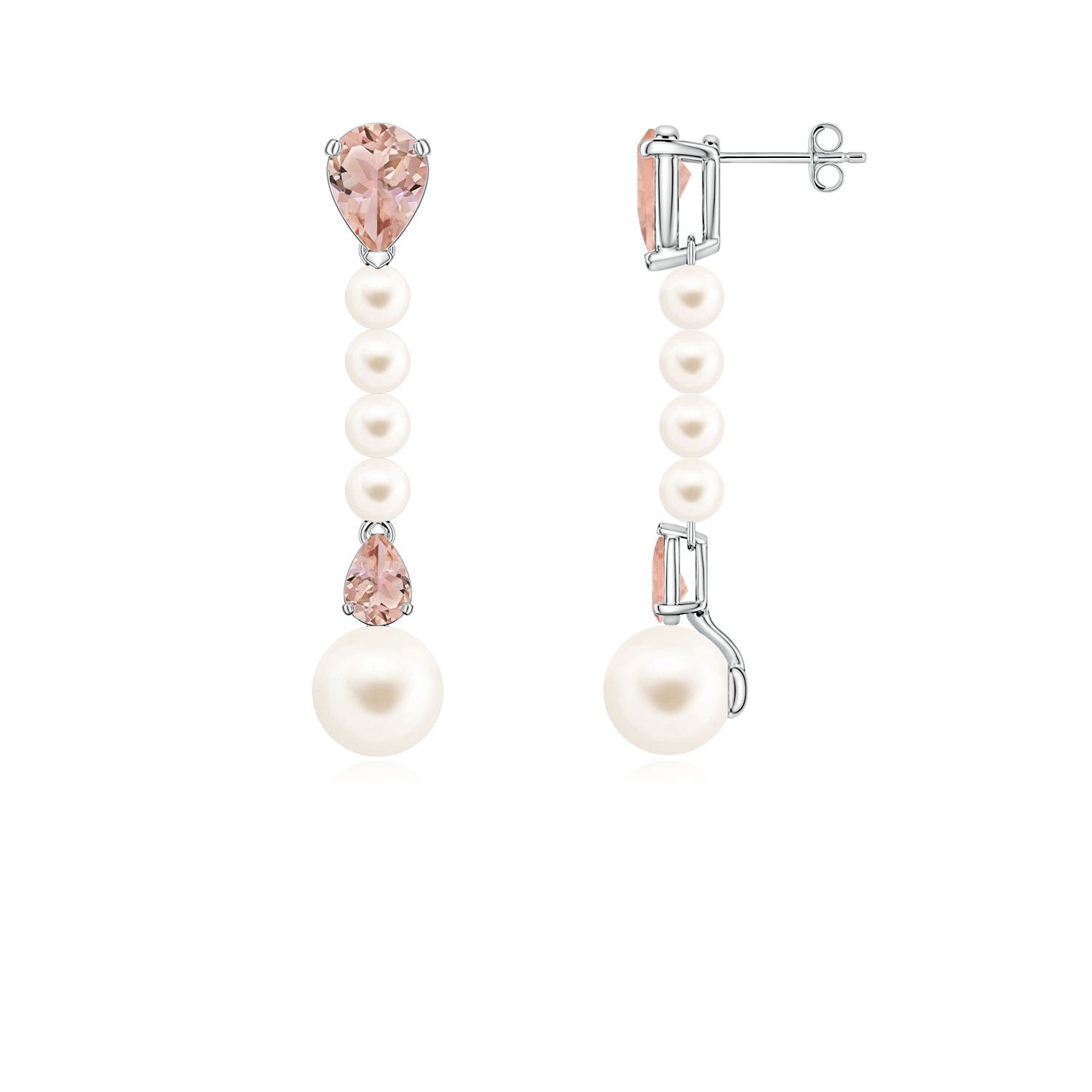 8mm AAA Freshwater Pearl and Pear Morganite Long Dangle Earrings in White Gold