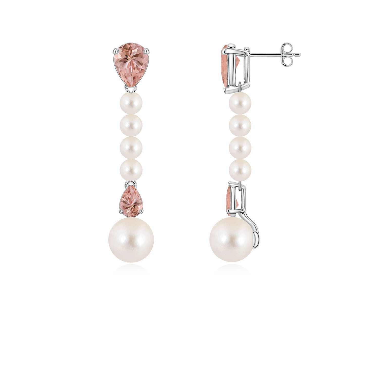 8mm AAAA Freshwater Pearl and Pear Morganite Long Dangle Earrings in White Gold