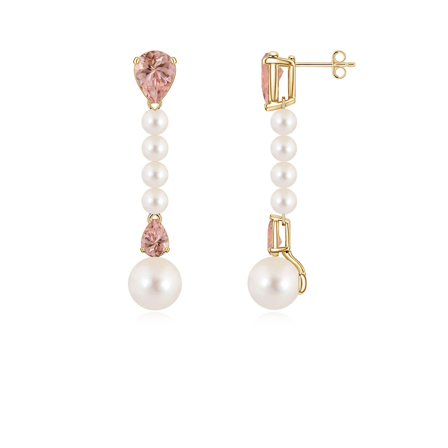 8mm AAAA Freshwater Pearl and Pear Morganite Long Dangle Earrings in Yellow Gold