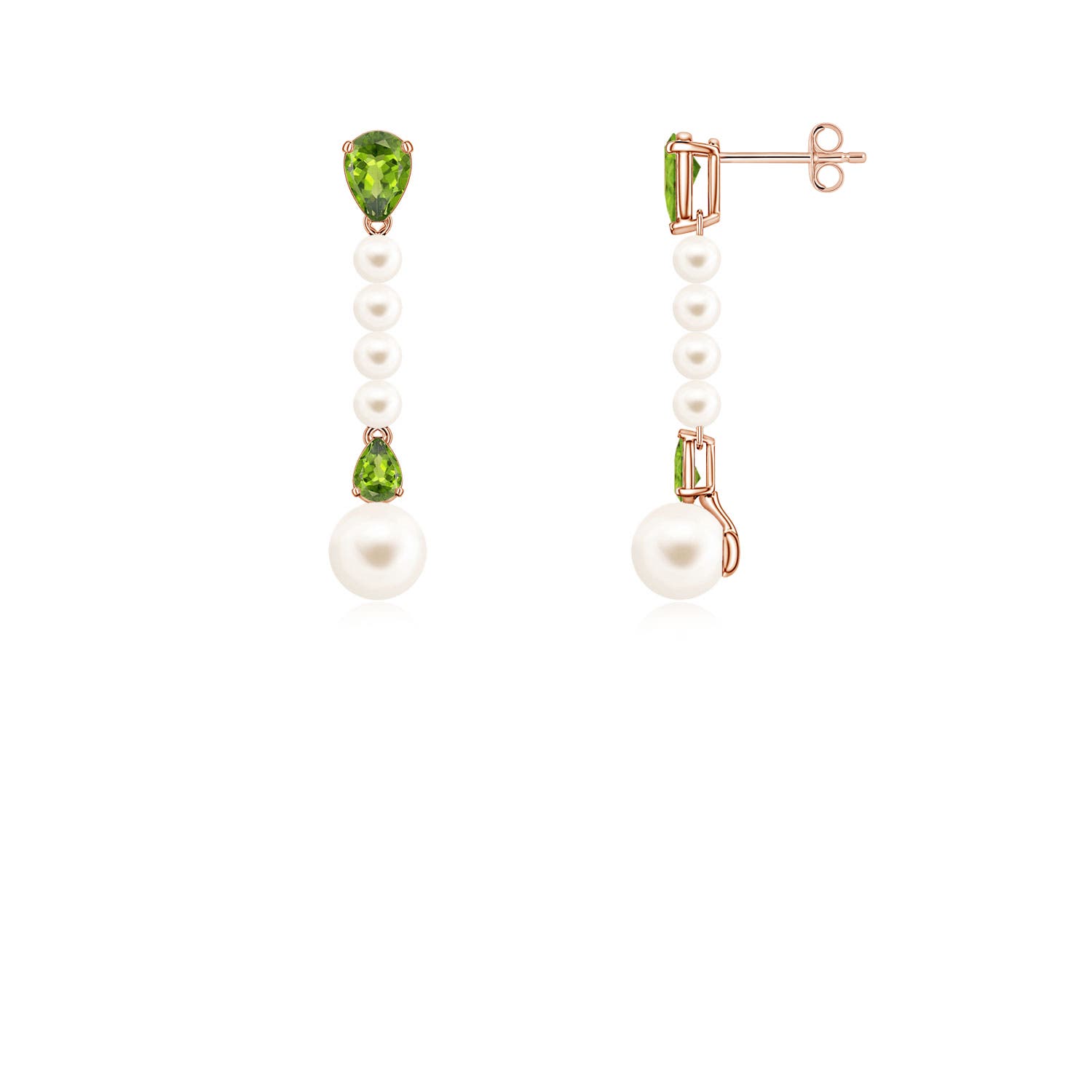 6mm AAA Freshwater Pearl and Pear Peridot Long Dangle Earrings in Rose Gold