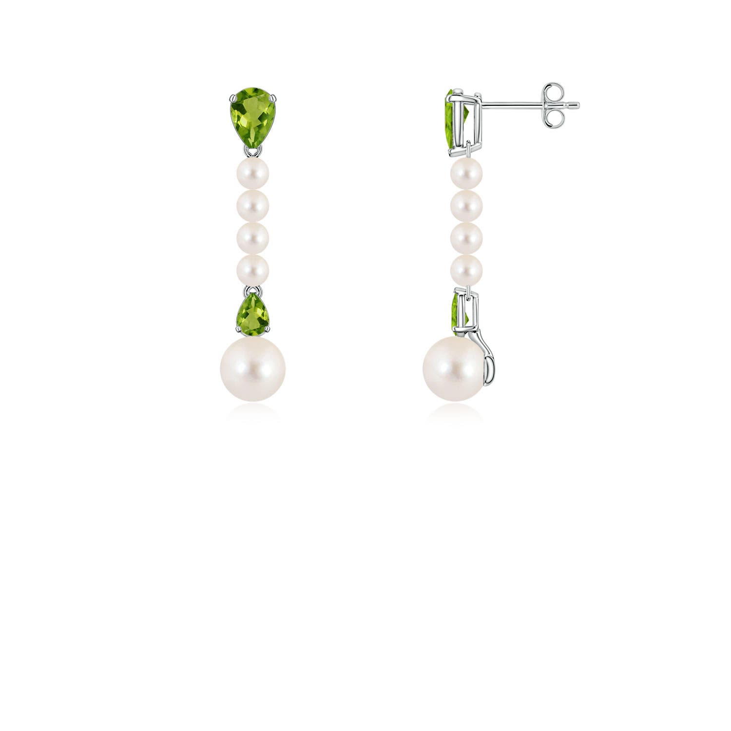 6mm AAAA Freshwater Pearl and Pear Peridot Long Dangle Earrings in White Gold