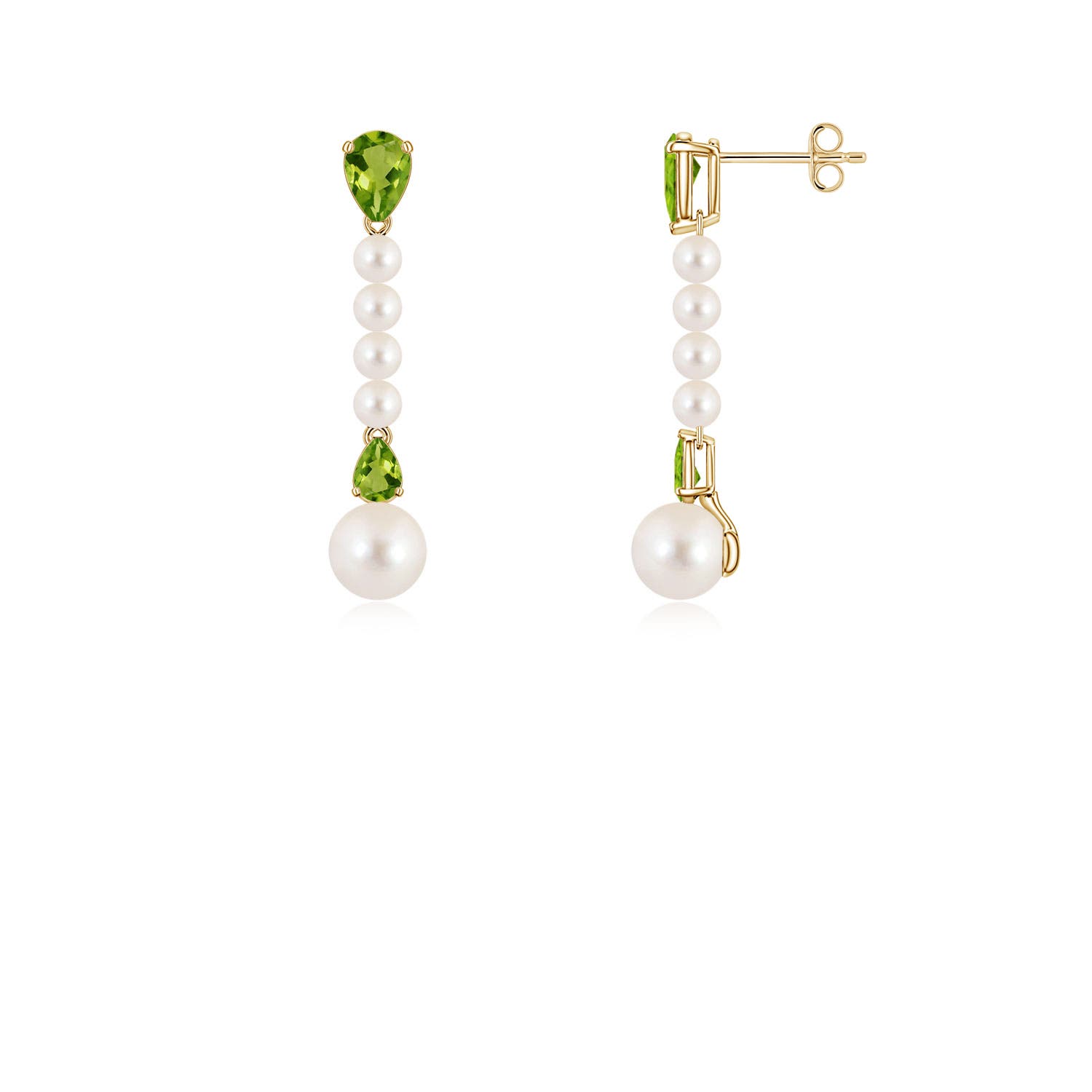 6mm AAAA Freshwater Pearl and Pear Peridot Long Dangle Earrings in Yellow Gold