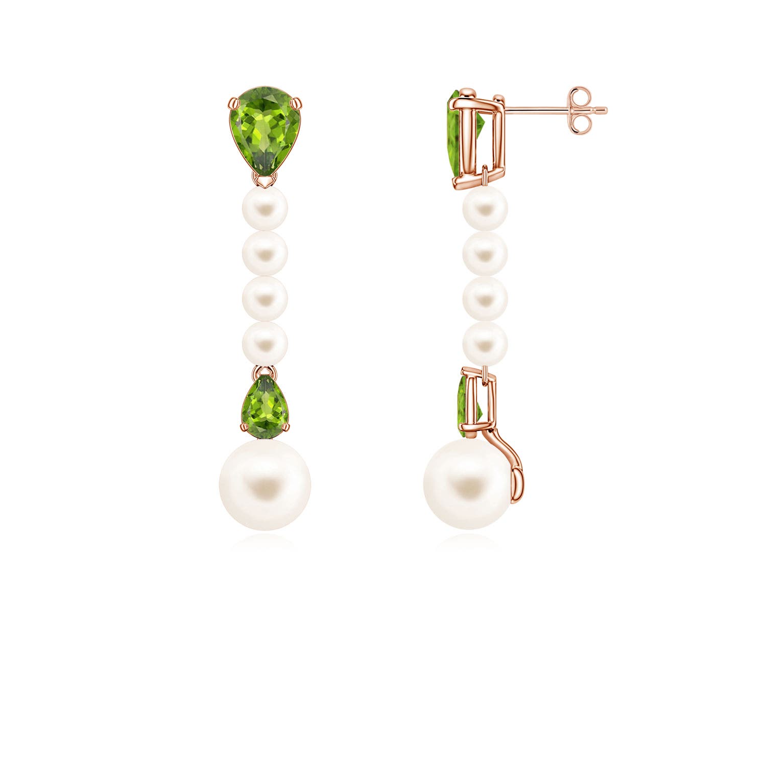 8mm AAA Freshwater Pearl and Pear Peridot Long Dangle Earrings in Rose Gold