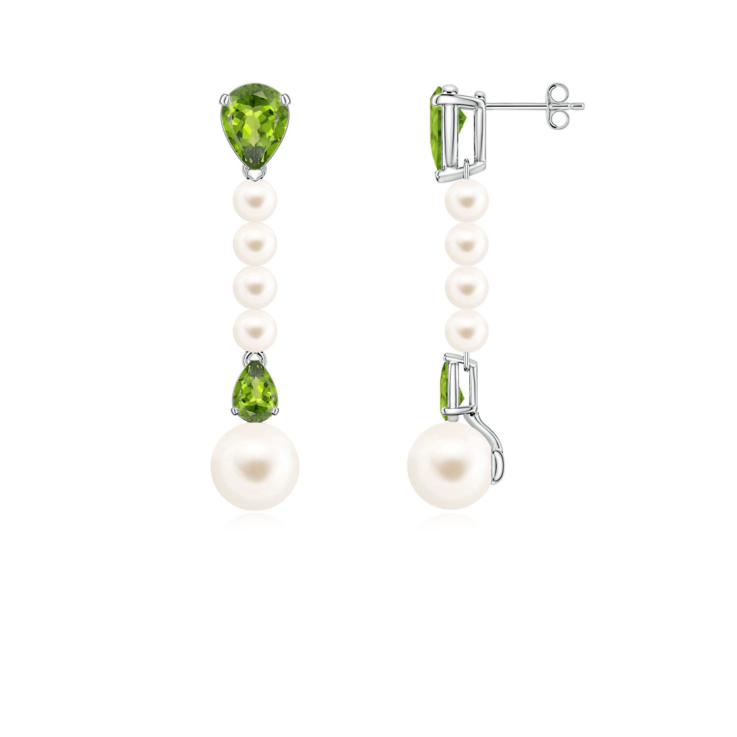 8mm AAA Freshwater Pearl and Pear Peridot Long Dangle Earrings in White Gold