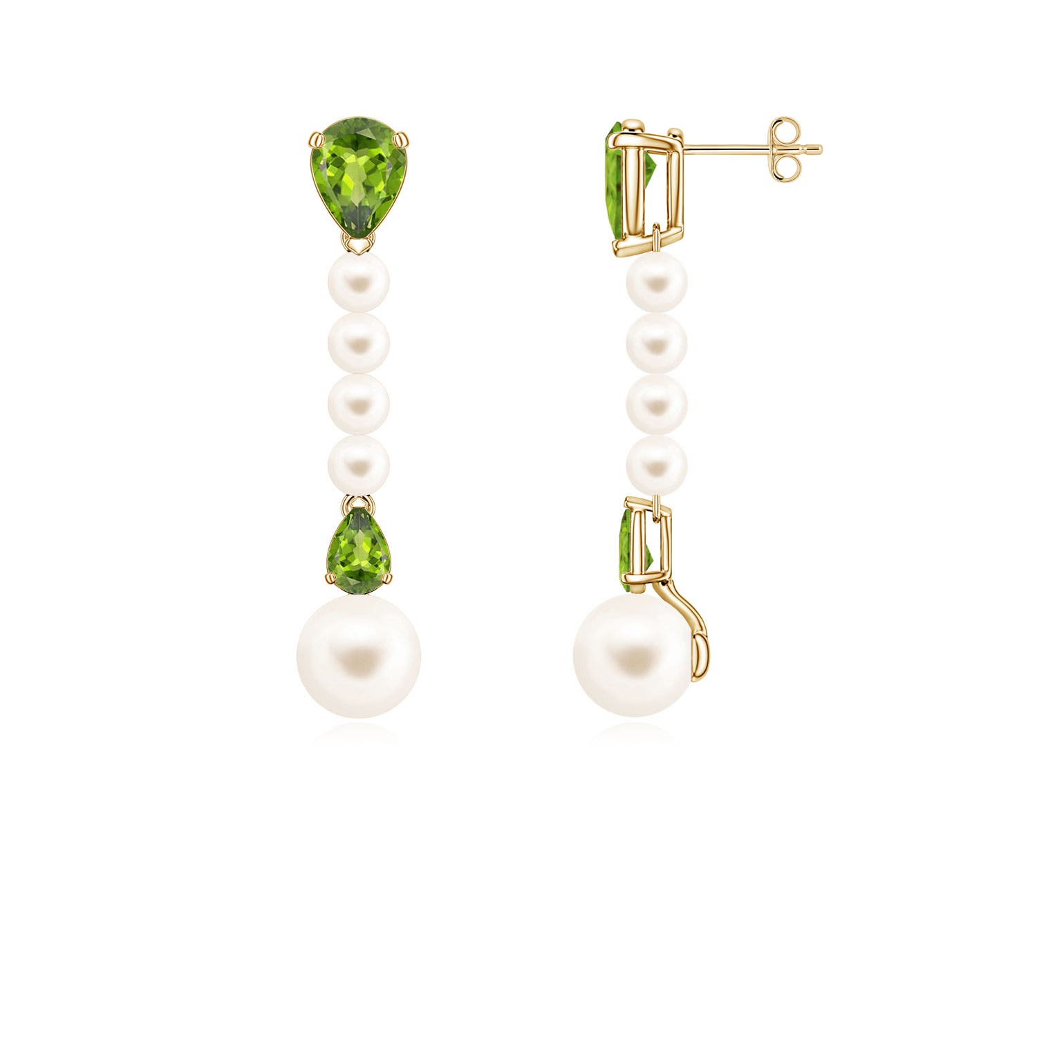 8mm AAA Freshwater Pearl and Pear Peridot Long Dangle Earrings in Yellow Gold