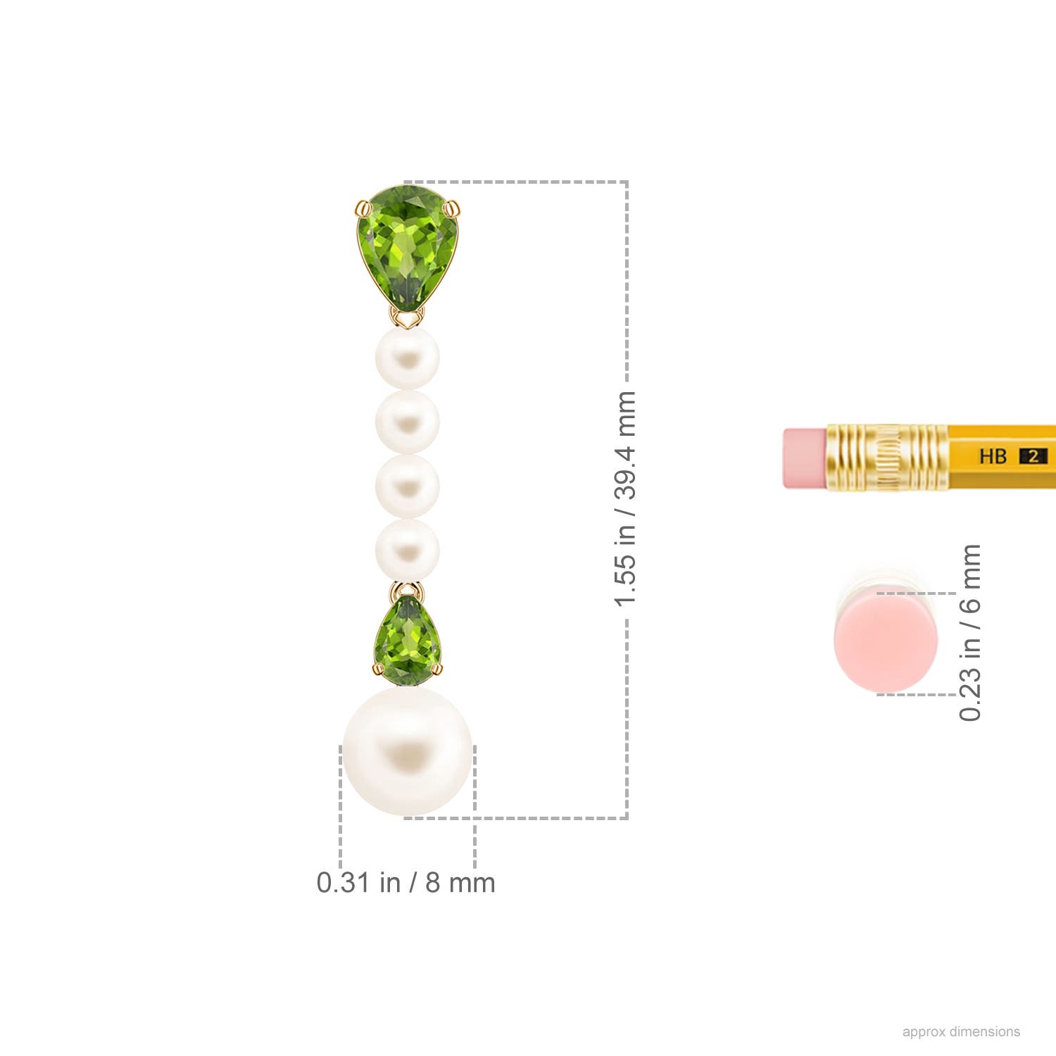 8mm AAA Freshwater Pearl and Pear Peridot Long Dangle Earrings in Yellow Gold - ruler