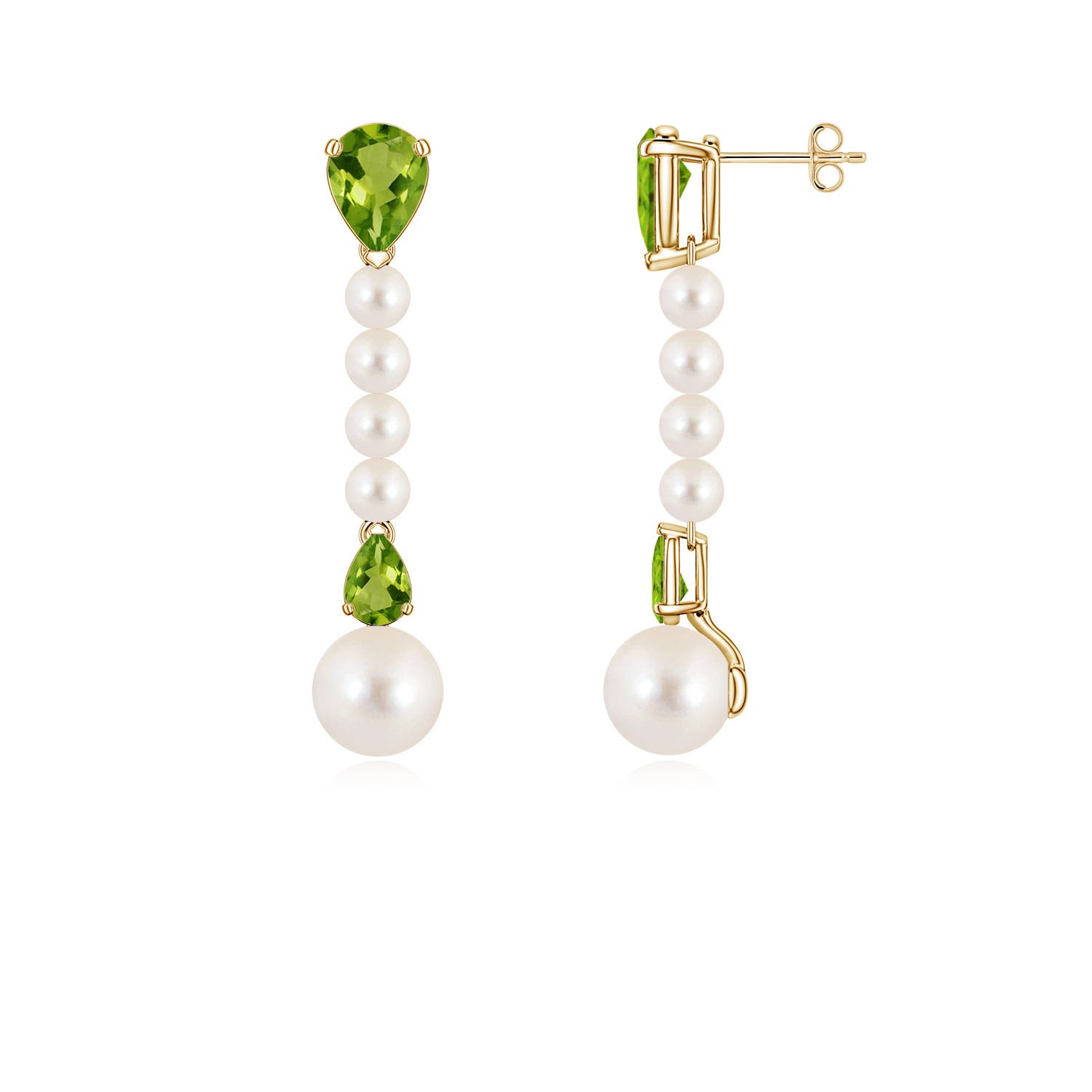 8mm AAAA Freshwater Pearl and Pear Peridot Long Dangle Earrings in Yellow Gold