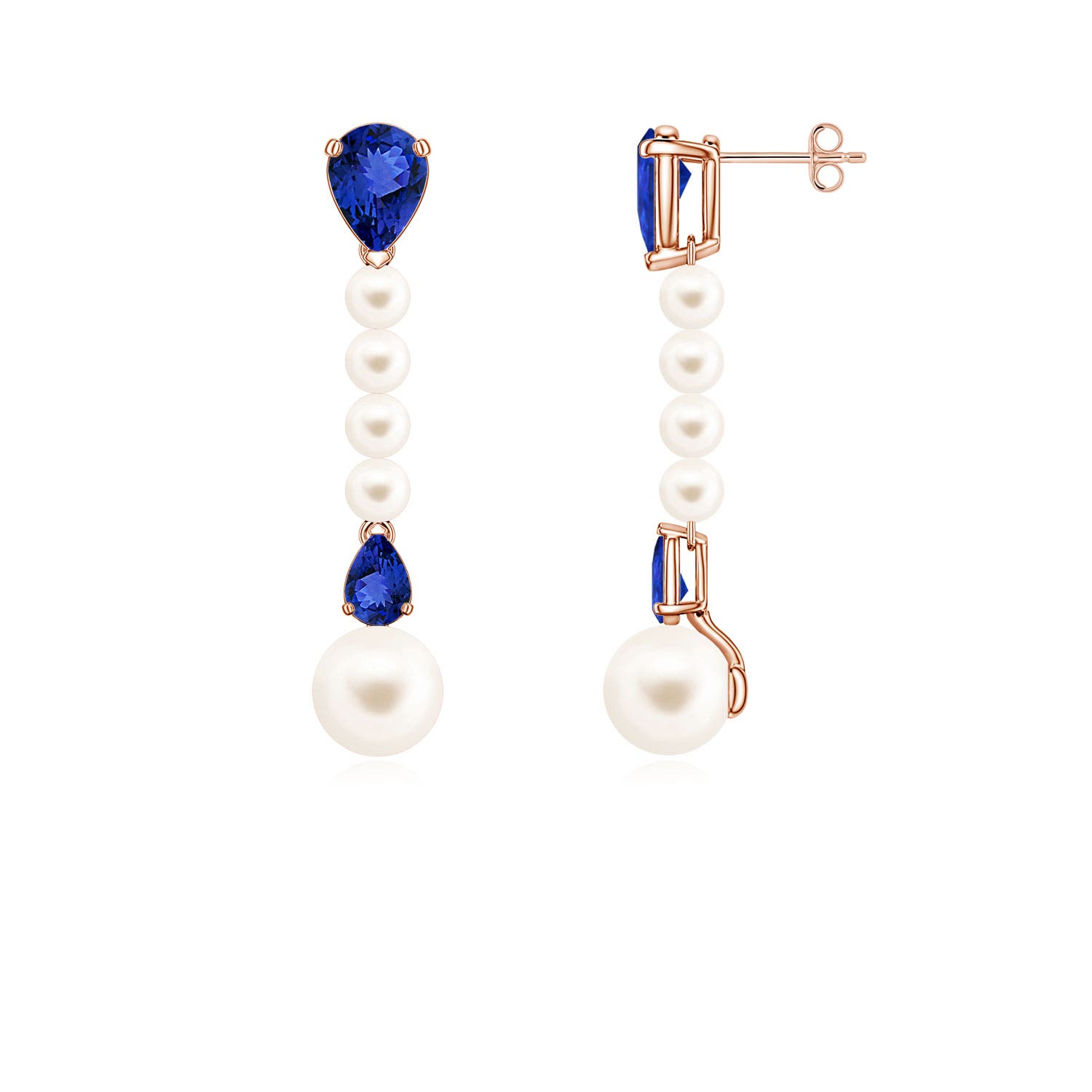 8mm AAA Freshwater Pearl and Pear Tanzanite Long Dangle Earrings in Rose Gold