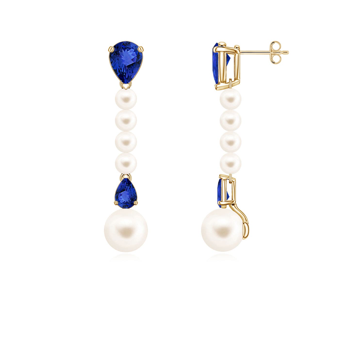 8mm AAA Freshwater Pearl and Pear Tanzanite Long Dangle Earrings in Yellow Gold