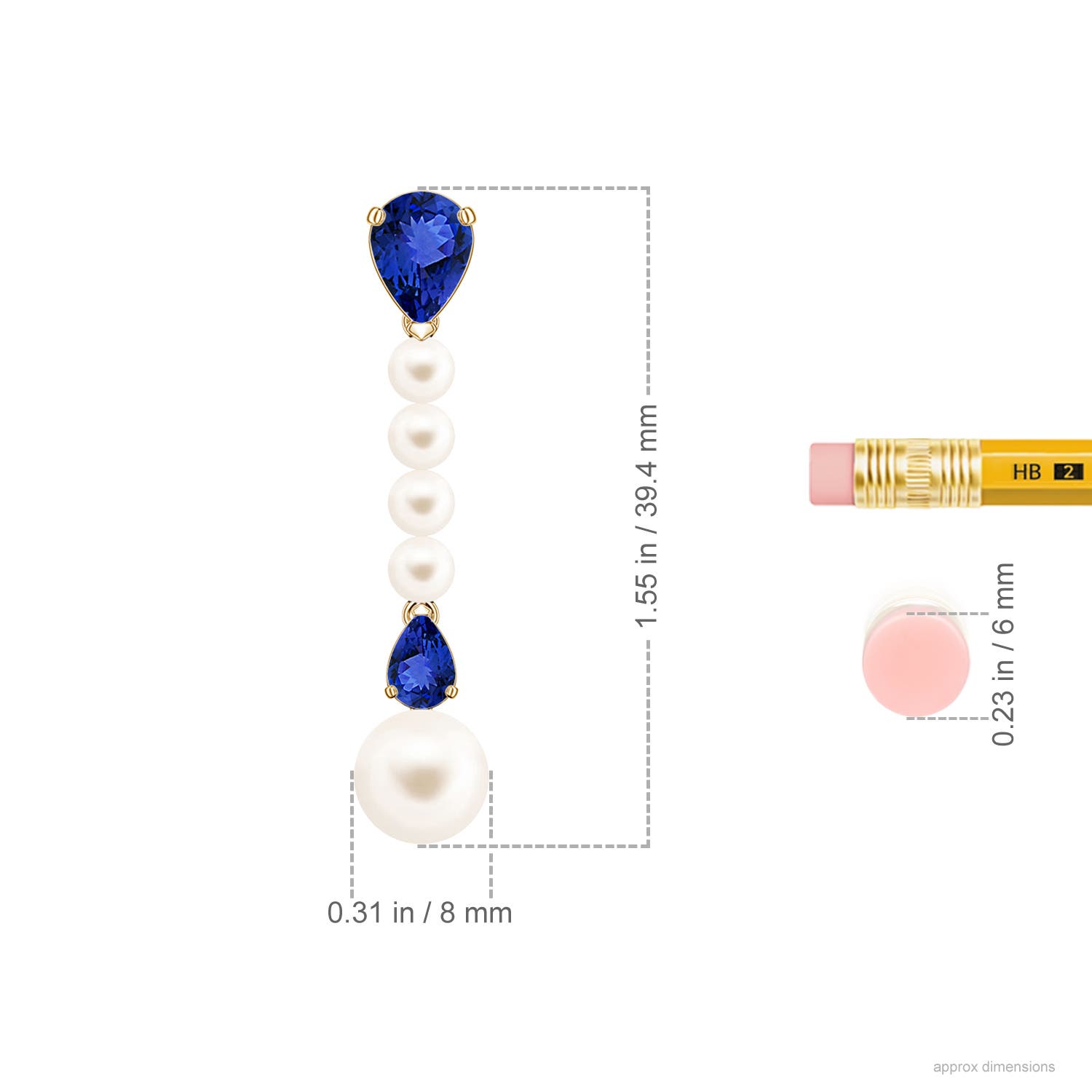 8mm AAA Freshwater Pearl and Pear Tanzanite Long Dangle Earrings in Yellow Gold - ruler
