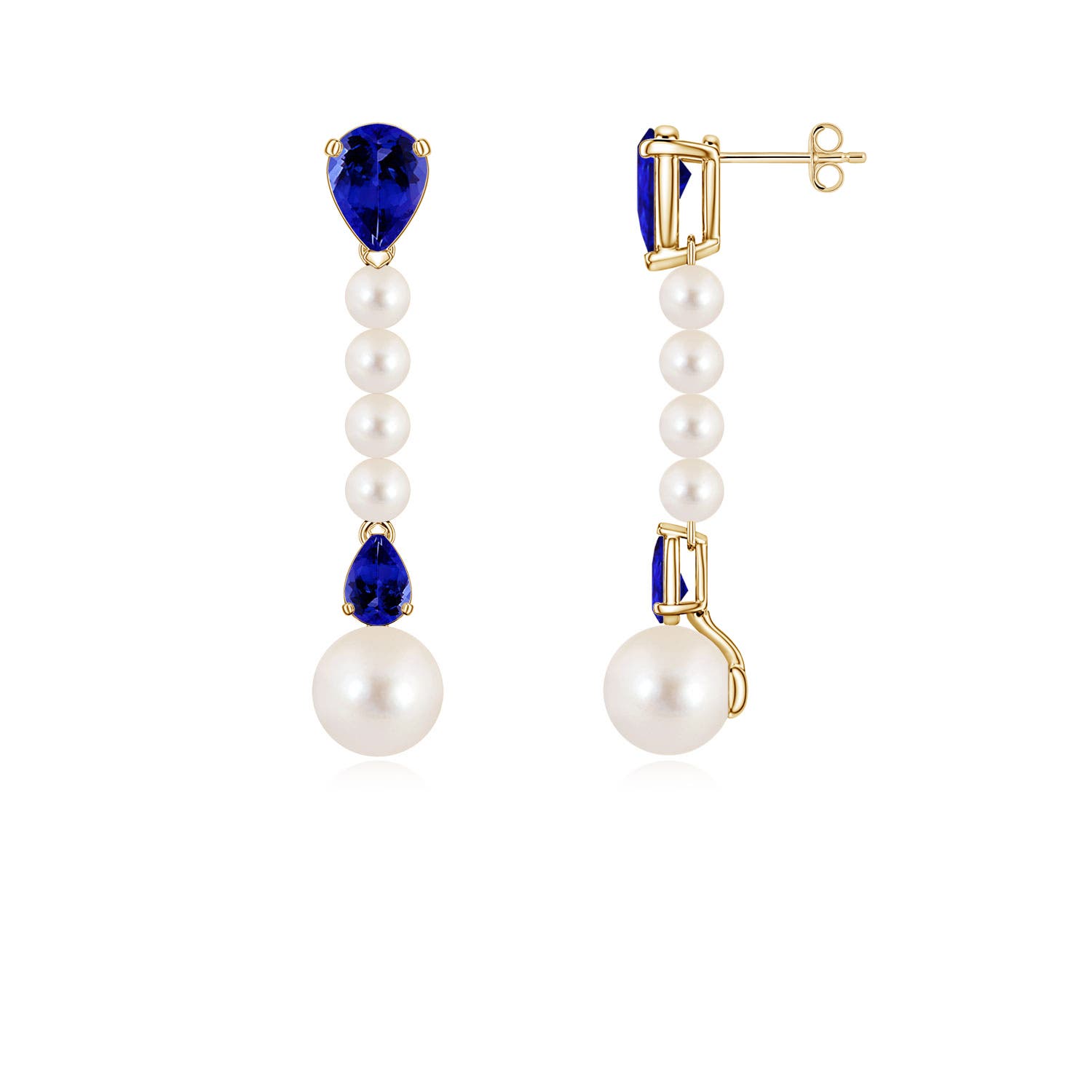 8mm AAAA Freshwater Pearl and Pear Tanzanite Long Dangle Earrings in Yellow Gold
