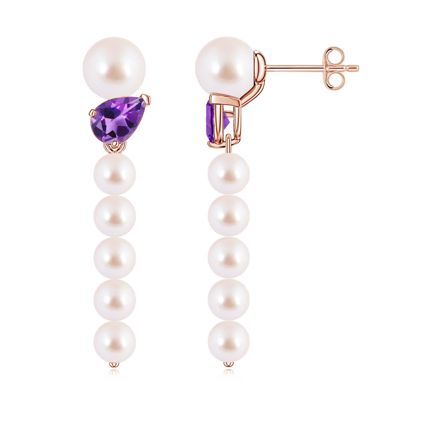 6mm AAA Akoya Pearl and Tilted Pear Amethyst Dangle Earrings in 18K Rose Gold