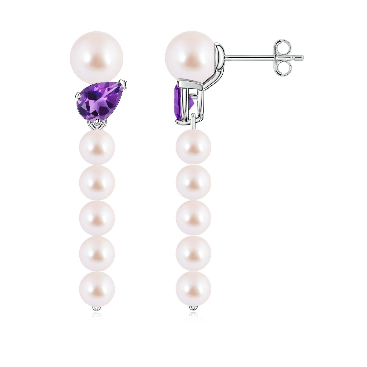 6mm AAA Akoya Pearl and Tilted Pear Amethyst Dangle Earrings in White Gold